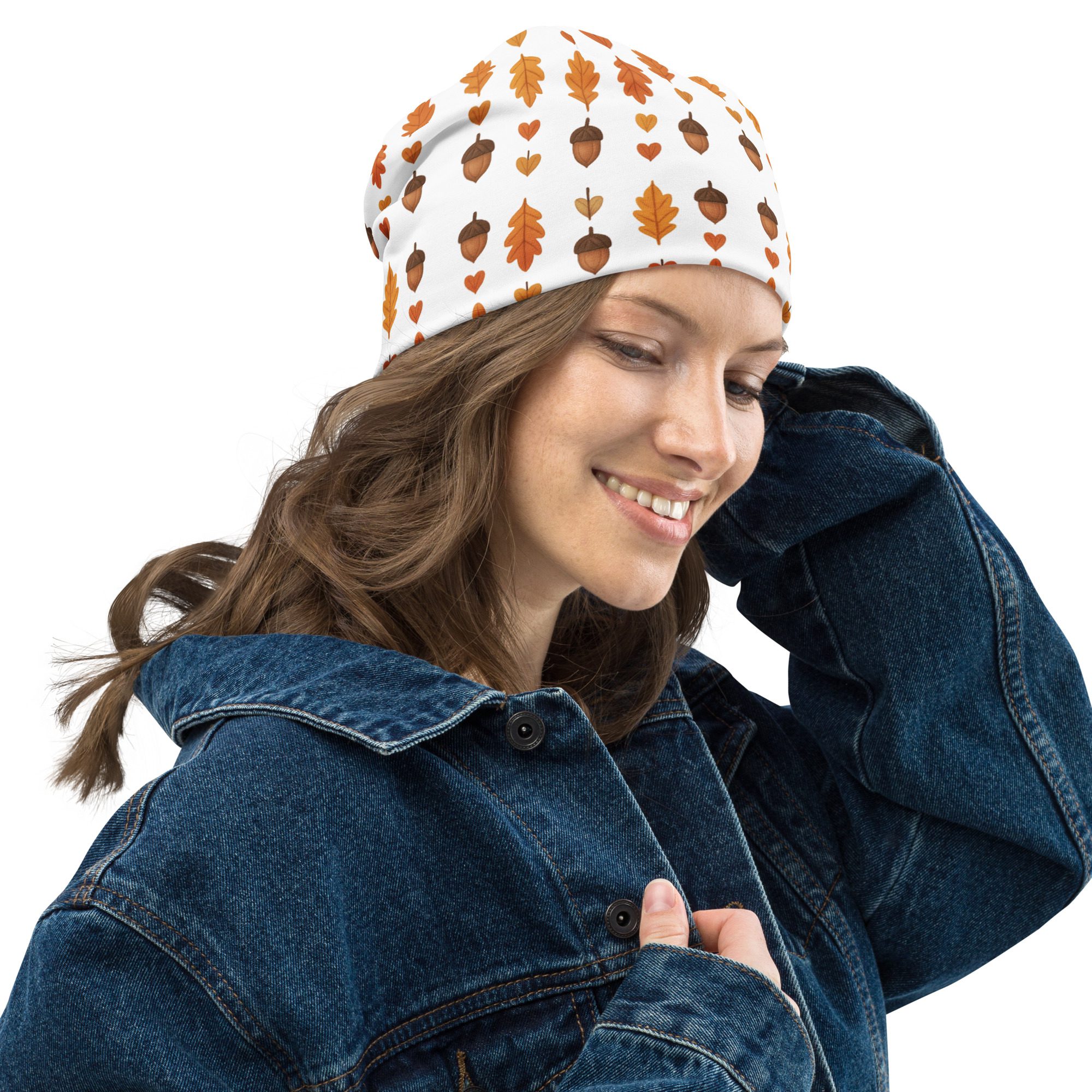 Autumn Acorns & Leaves All-Over Print Beanie | Cozy Fall Accessory - Image 3