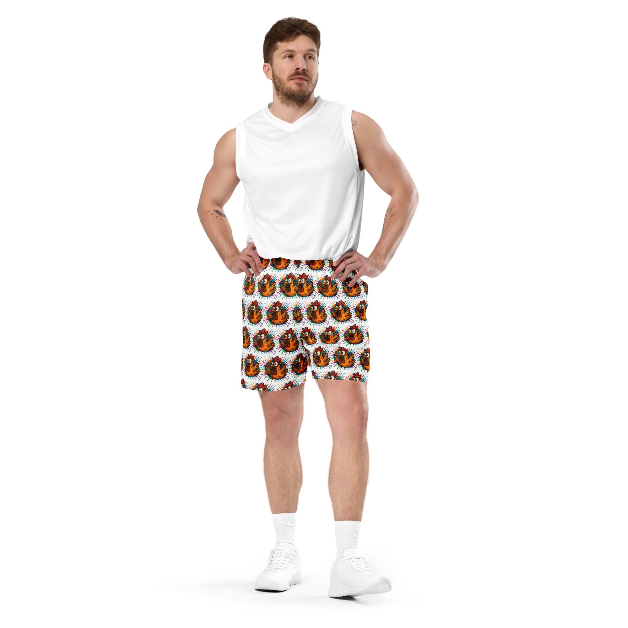 Cluck Splash Unisex Mesh Shorts – Funky Chicken Edition - Image 3