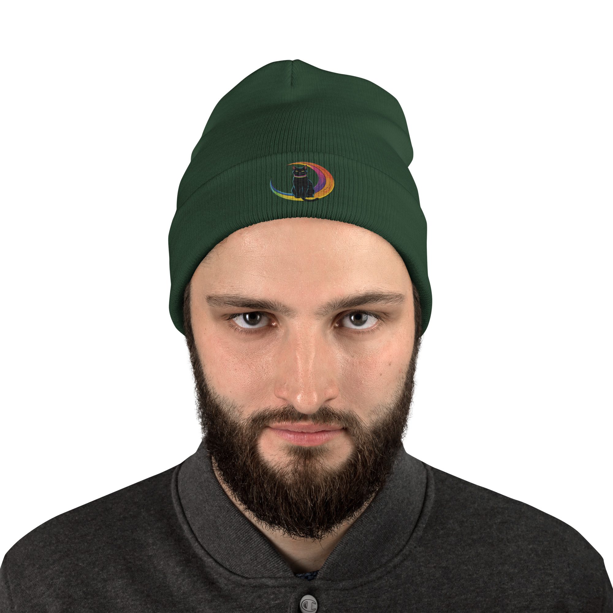 Black Cat & Rainbow Moon Embroidered Knit Beanie | Magical Cozy Hat - Image 8