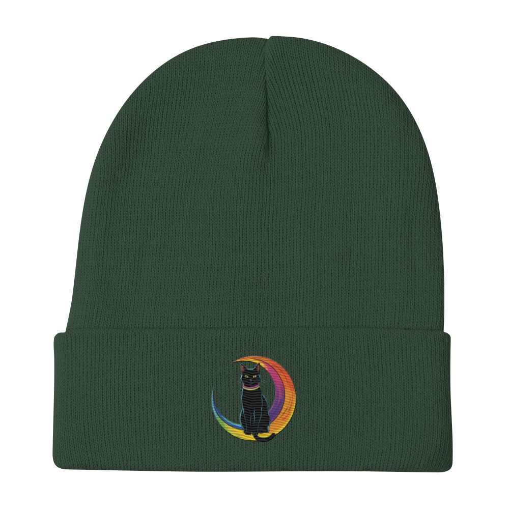 Black Cat & Rainbow Moon Embroidered Knit Beanie | Magical Cozy Hat - Image 9