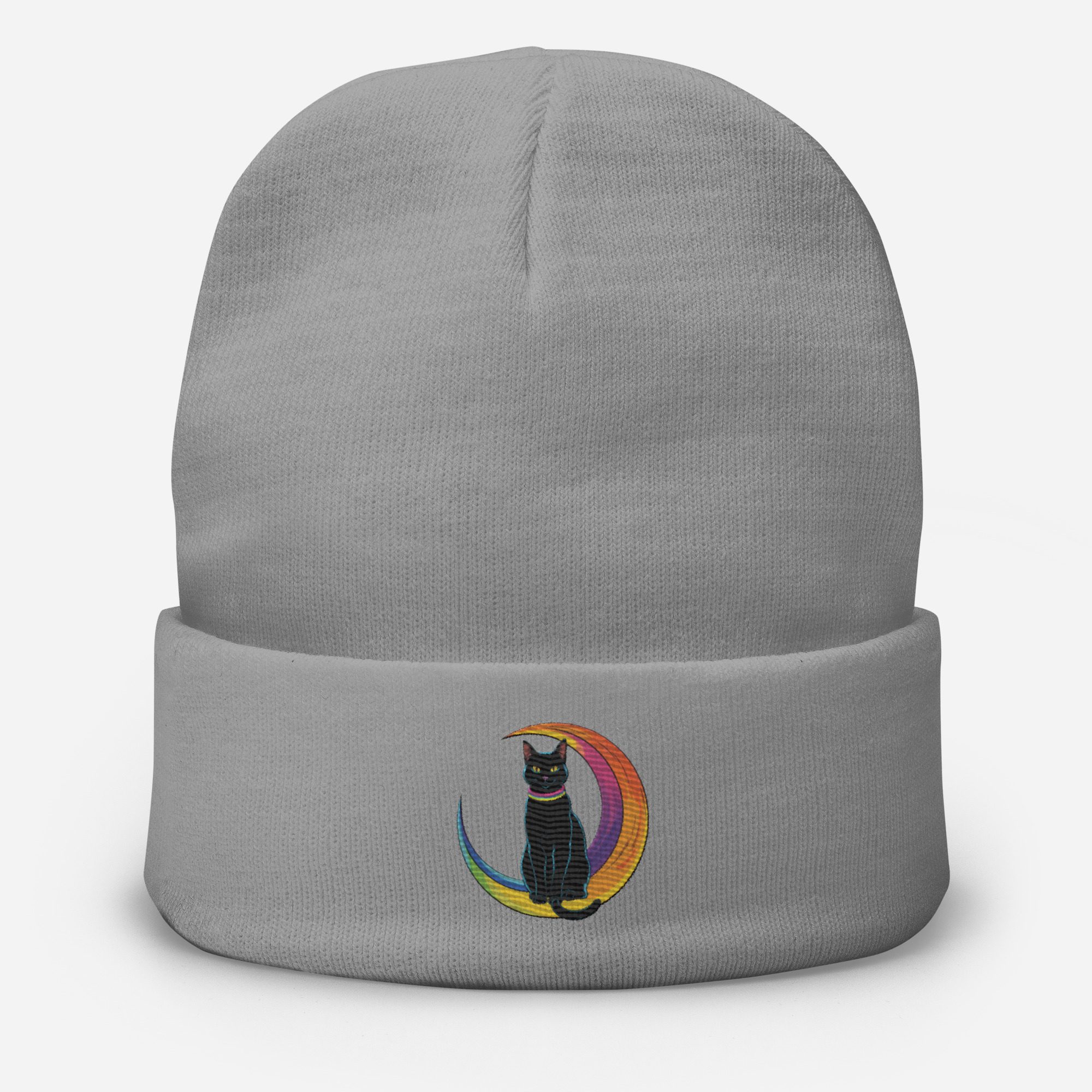 Black Cat & Rainbow Moon Embroidered Knit Beanie | Magical Cozy Hat - Image 12