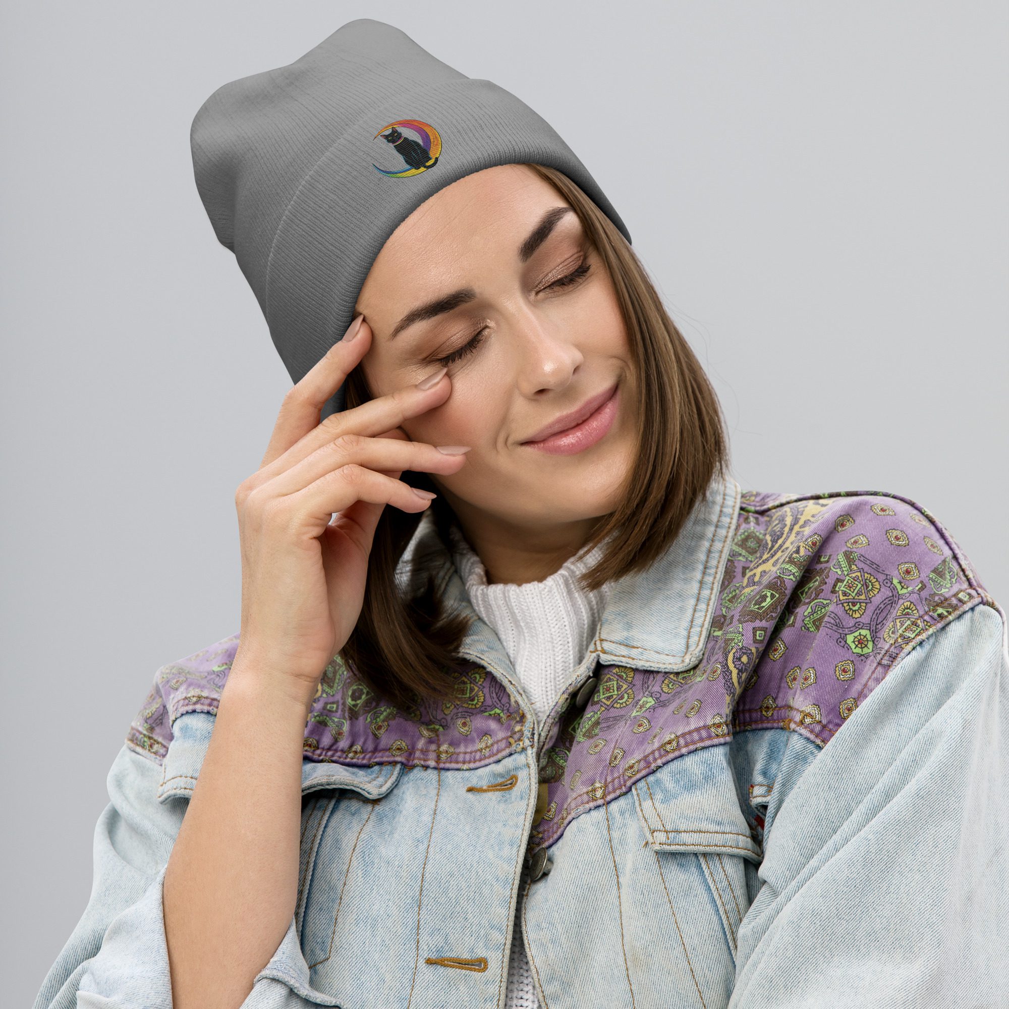 Black Cat & Rainbow Moon Embroidered Knit Beanie | Magical Cozy Hat - Image 11