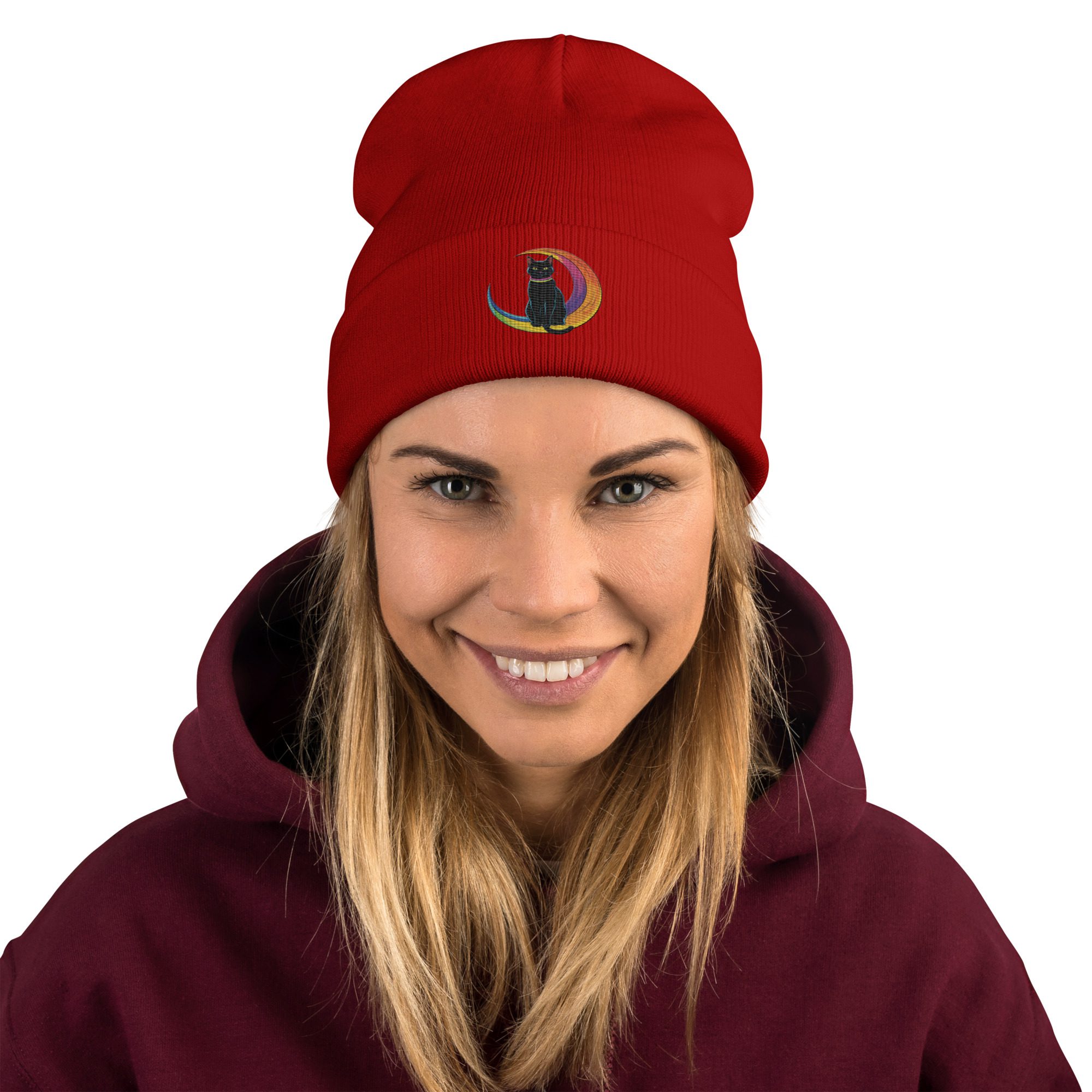 Black Cat & Rainbow Moon Embroidered Knit Beanie | Magical Cozy Hat - Image 6