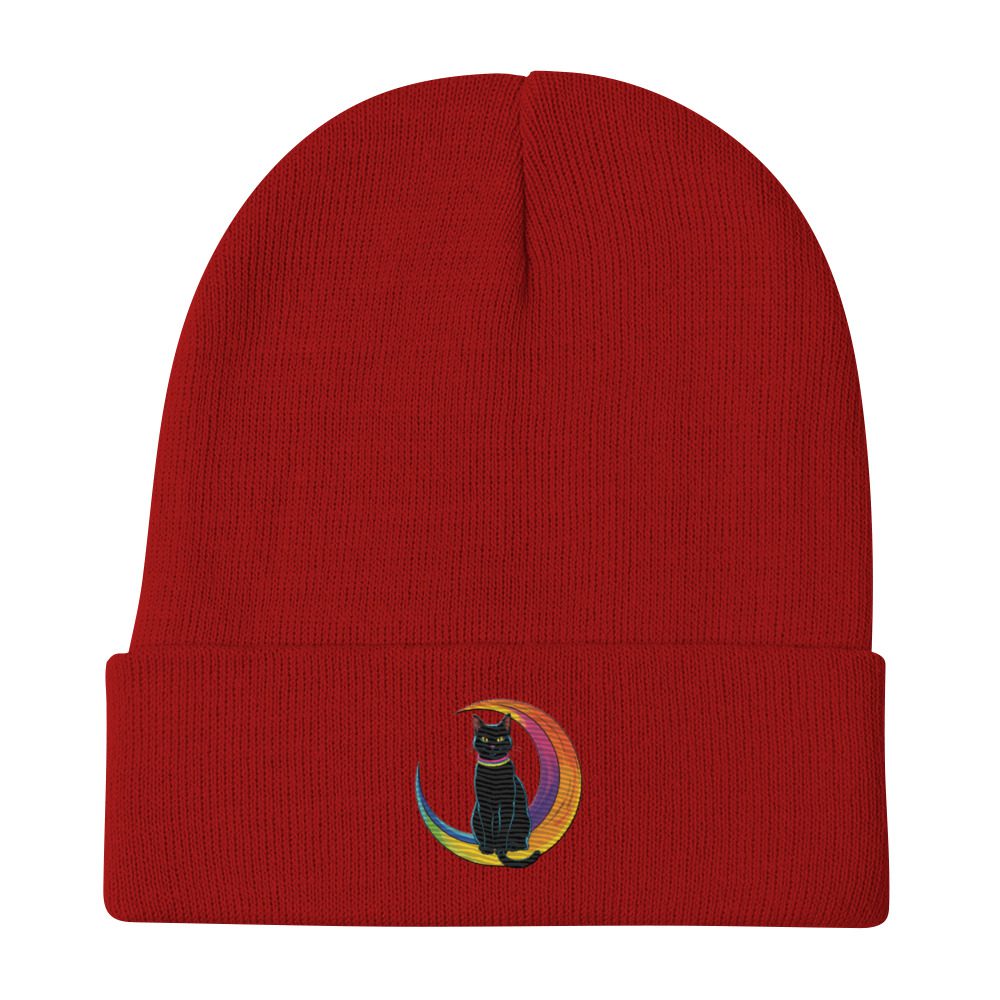 Black Cat & Rainbow Moon Embroidered Knit Beanie | Magical Cozy Hat - Image 7