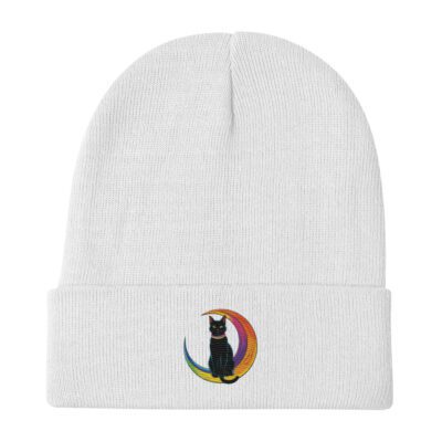 Black Cat & Rainbow Moon Embroidered Knit Beanie | Magical Cozy Hat