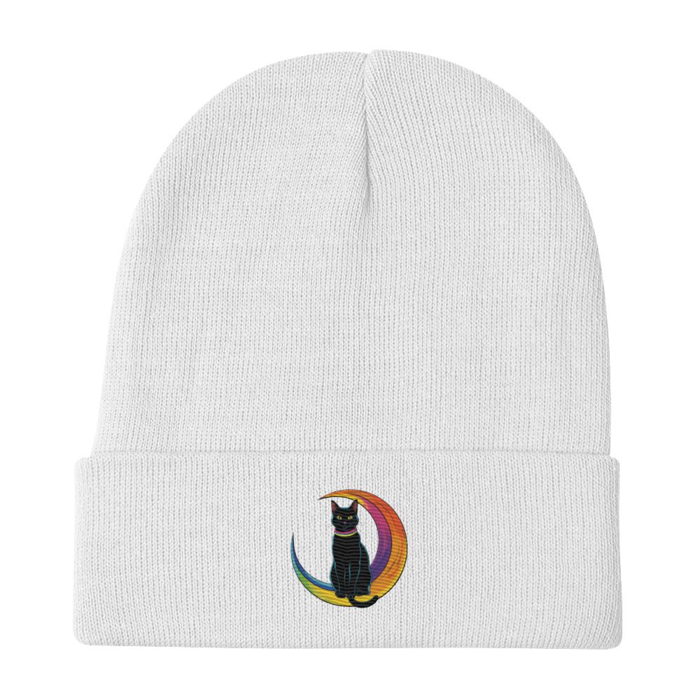 Black Cat & Rainbow Moon Embroidered Knit Beanie | Magical Cozy Hat