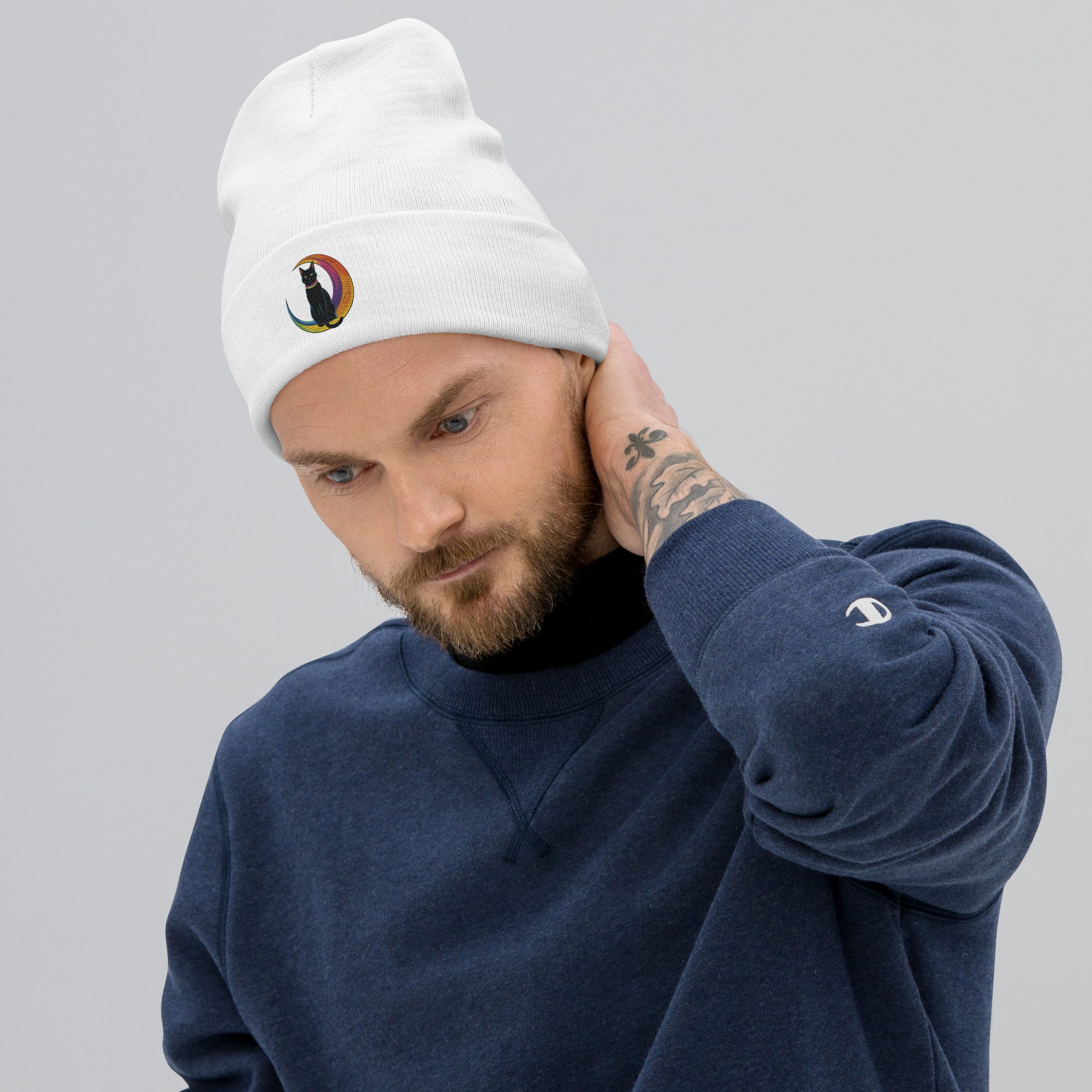Black Cat & Rainbow Moon Embroidered Knit Beanie | Magical Cozy Hat - Image 2