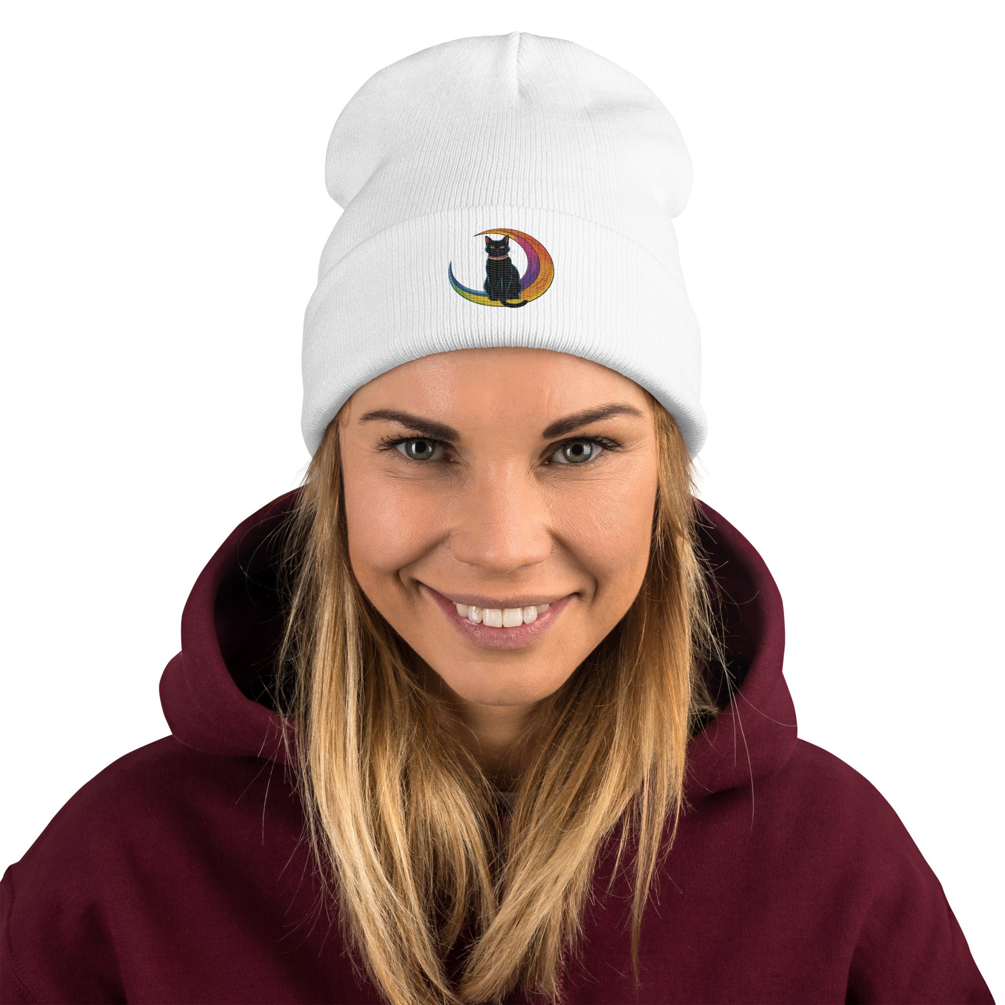 Black Cat & Rainbow Moon Embroidered Knit Beanie | Magical Cozy Hat - Image 3