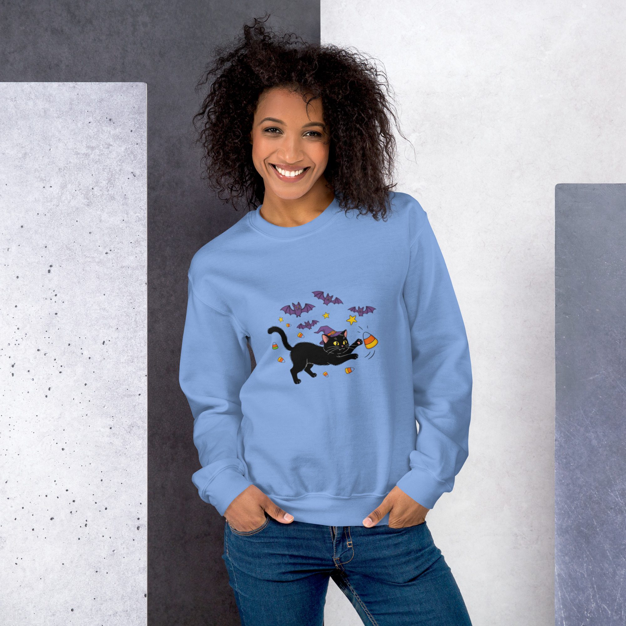 Witchy Cat & Candy Crewneck Unisex Sweatshirt – Halloween Edition - Image 6