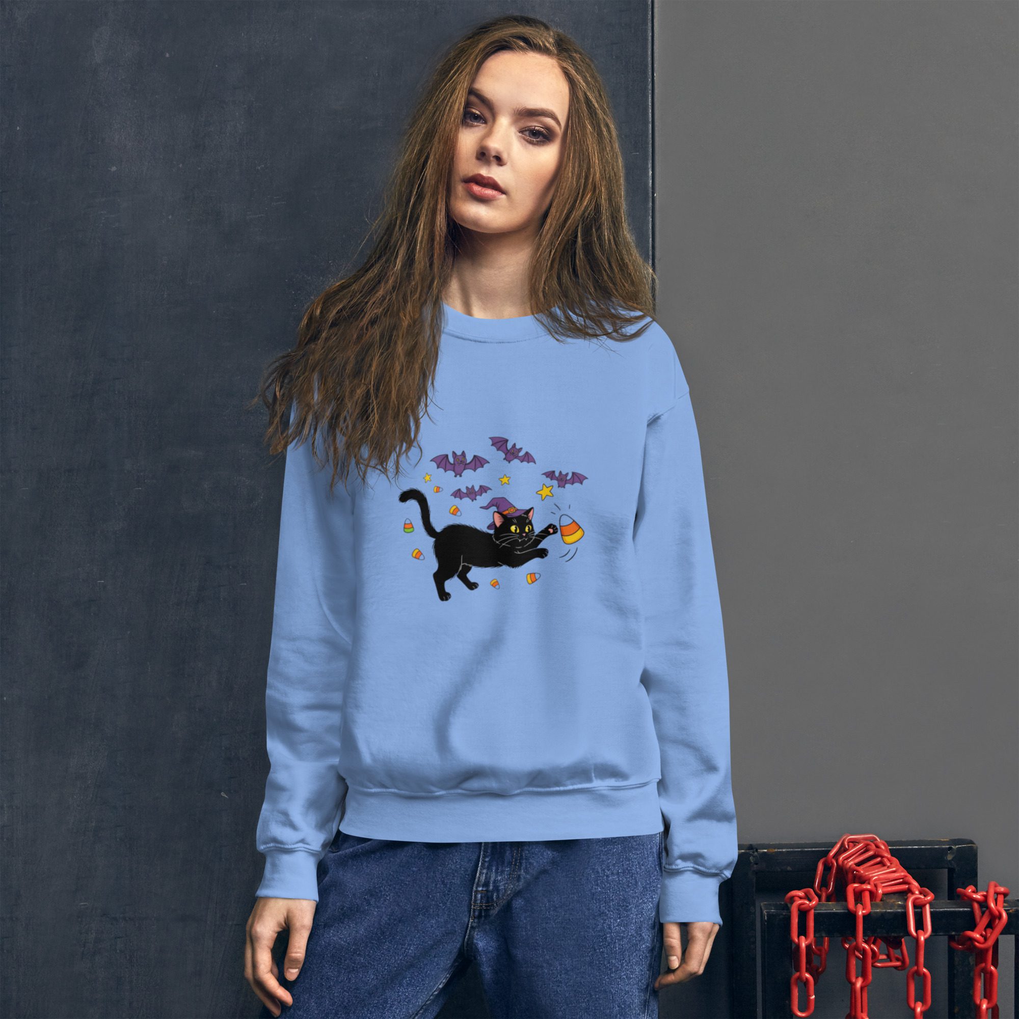 Witchy Cat & Candy Crewneck Unisex Sweatshirt – Halloween Edition - Image 8