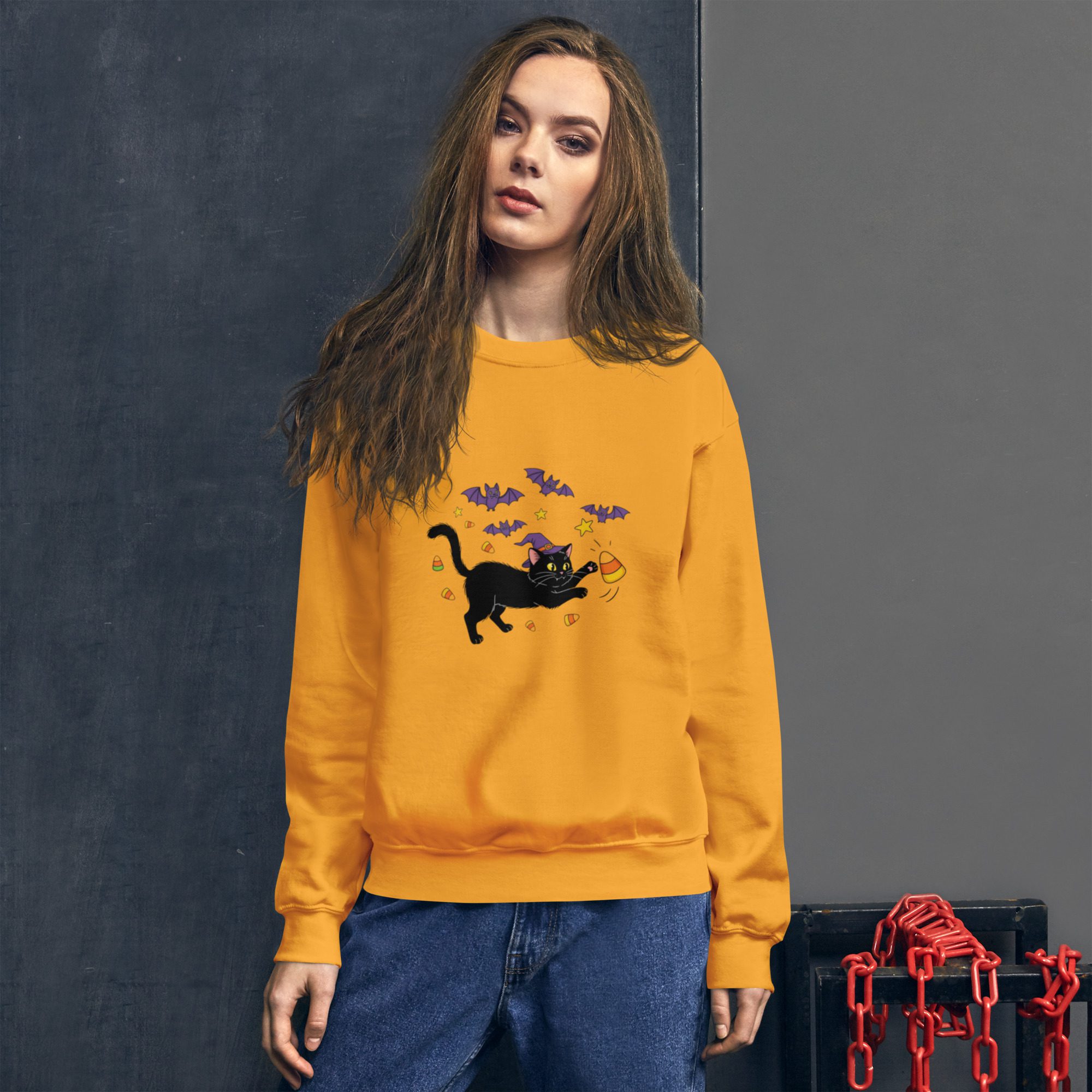 Witchy Cat & Candy Crewneck Unisex Sweatshirt – Halloween Edition - Image 9