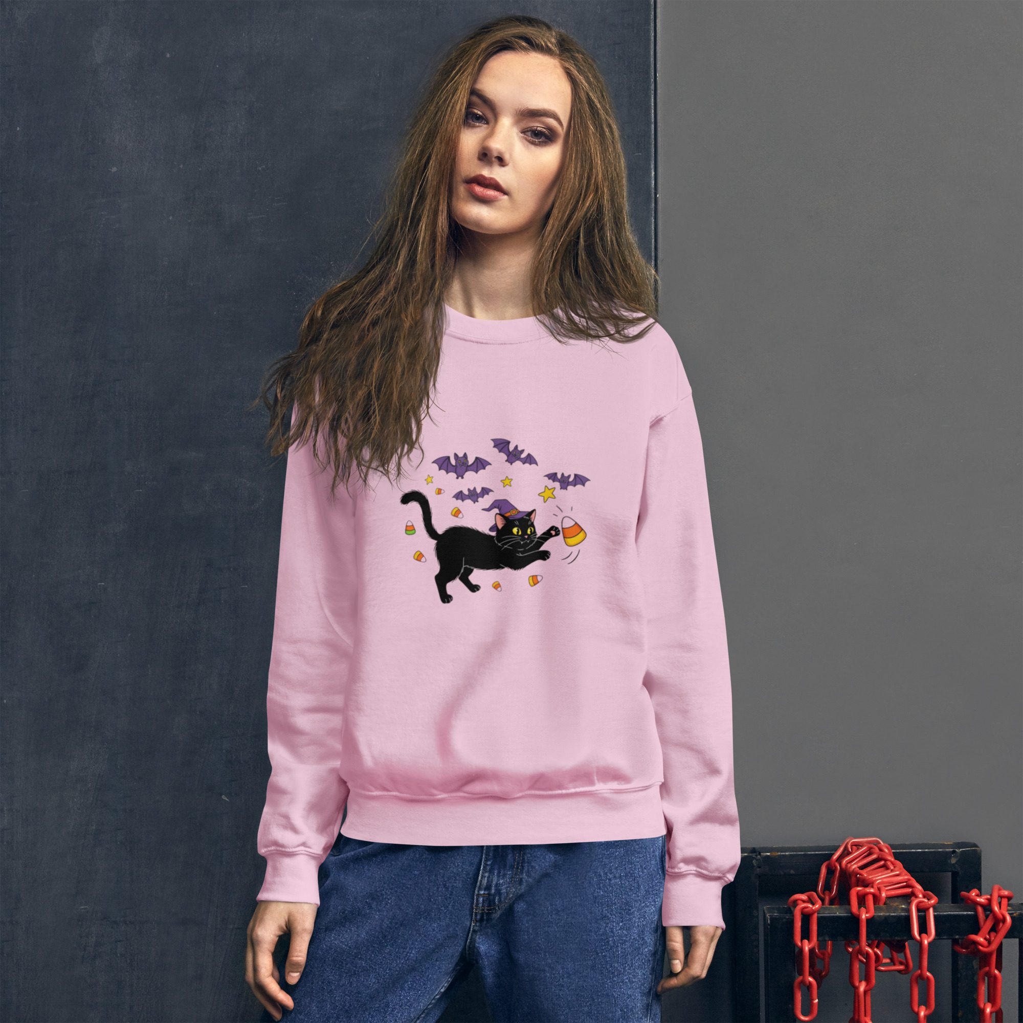 Witchy Cat & Candy Crewneck Unisex Sweatshirt – Halloween Edition