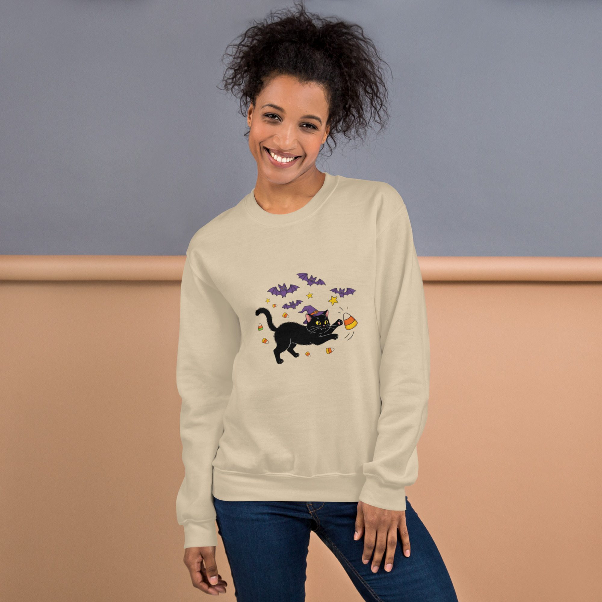 Witchy Cat & Candy Crewneck Unisex Sweatshirt – Halloween Edition - Image 14