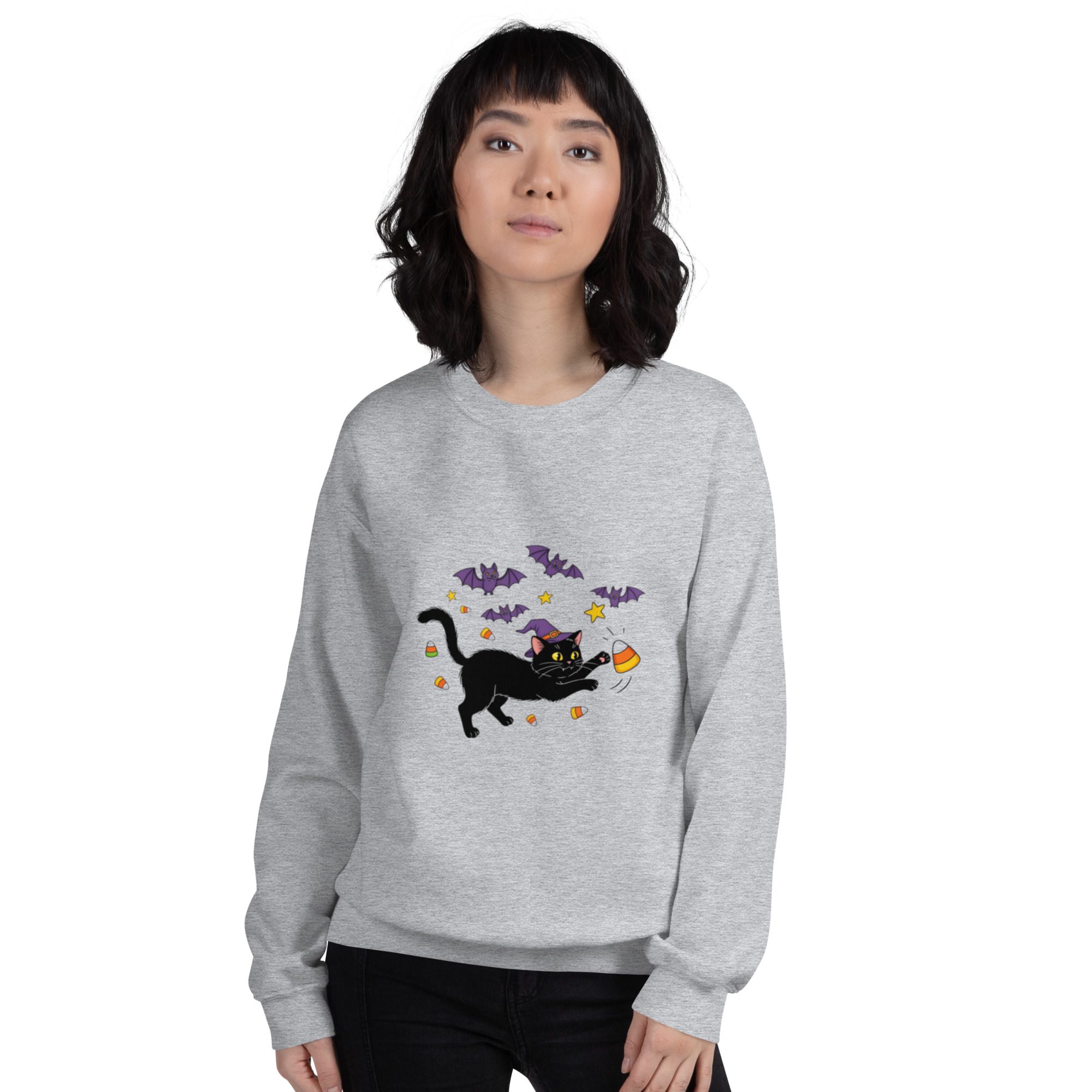 Witchy Cat & Candy Crewneck Unisex Sweatshirt – Halloween Edition - Image 13
