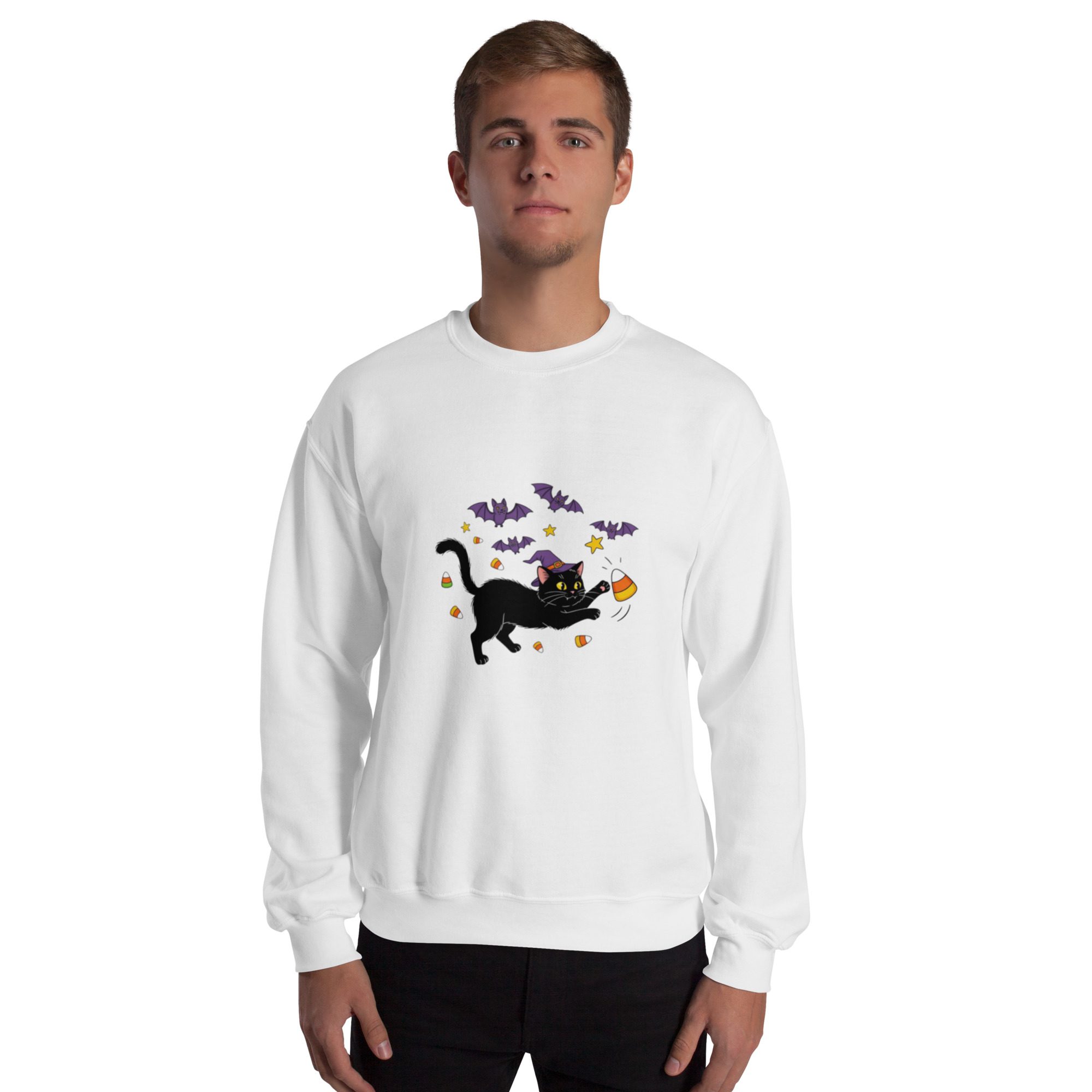 Witchy Cat & Candy Crewneck Unisex Sweatshirt – Halloween Edition - Image 3