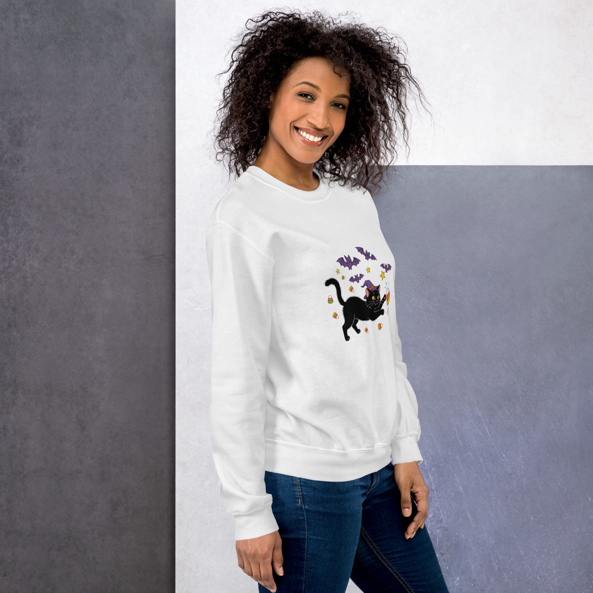 Witchy Cat & Candy Crewneck Unisex Sweatshirt – Halloween Edition - Image 5