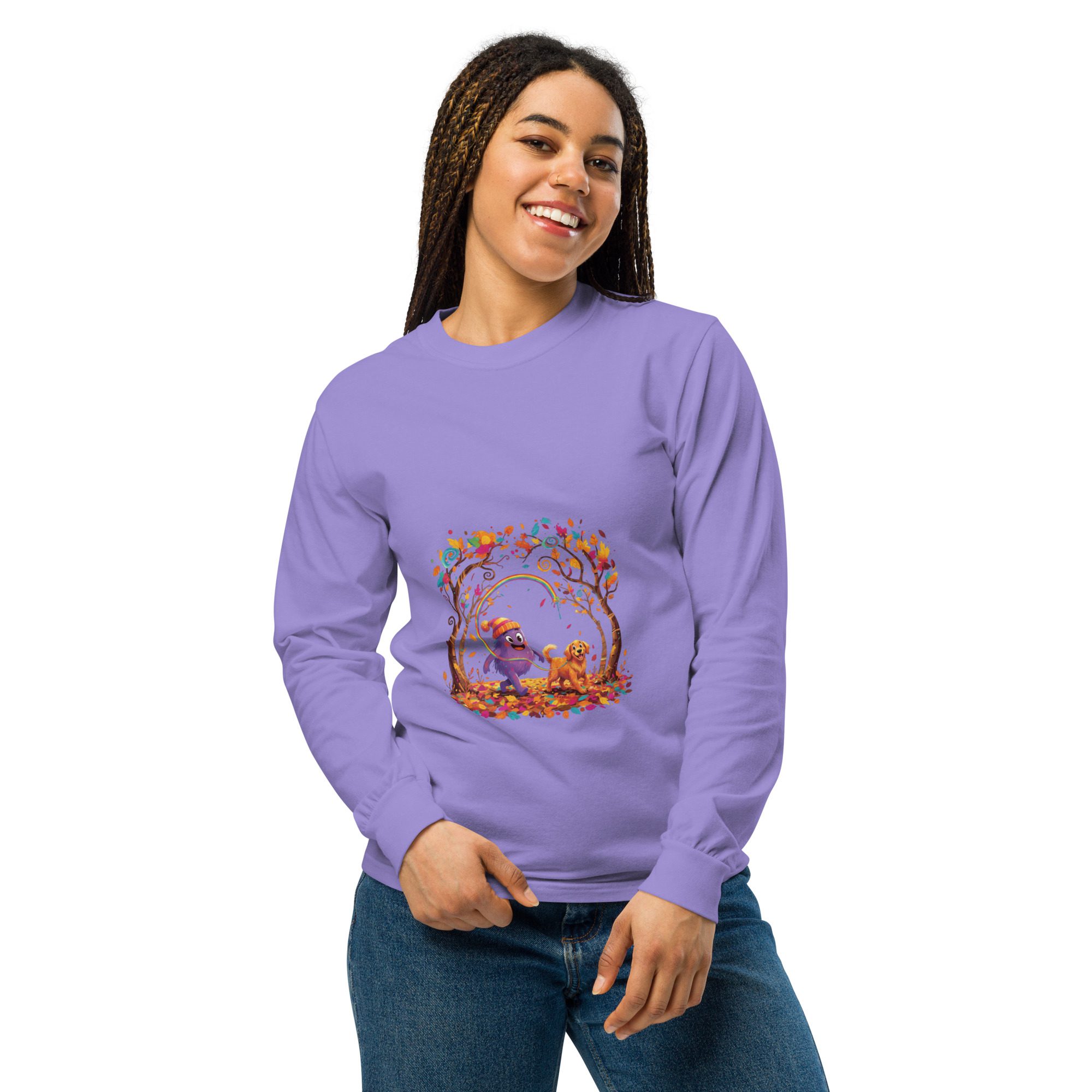 Splatty & Pup Autumn Adventure Unisex Long Sleeve Shirt | Cozy Fall Mascot Tee - Image 3