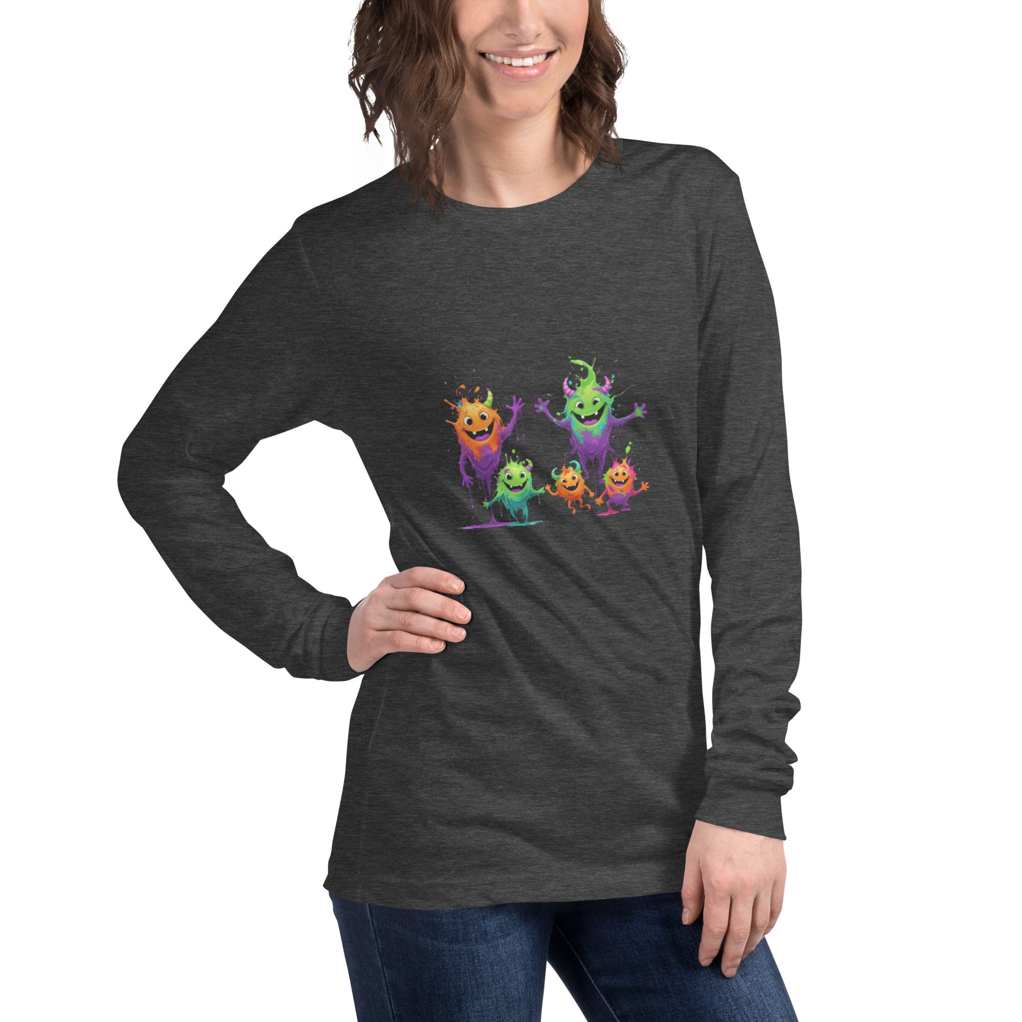 Splatty Squad Women’s Long Sleeve Shirt – Colorful Monster Crew Art - Image 13