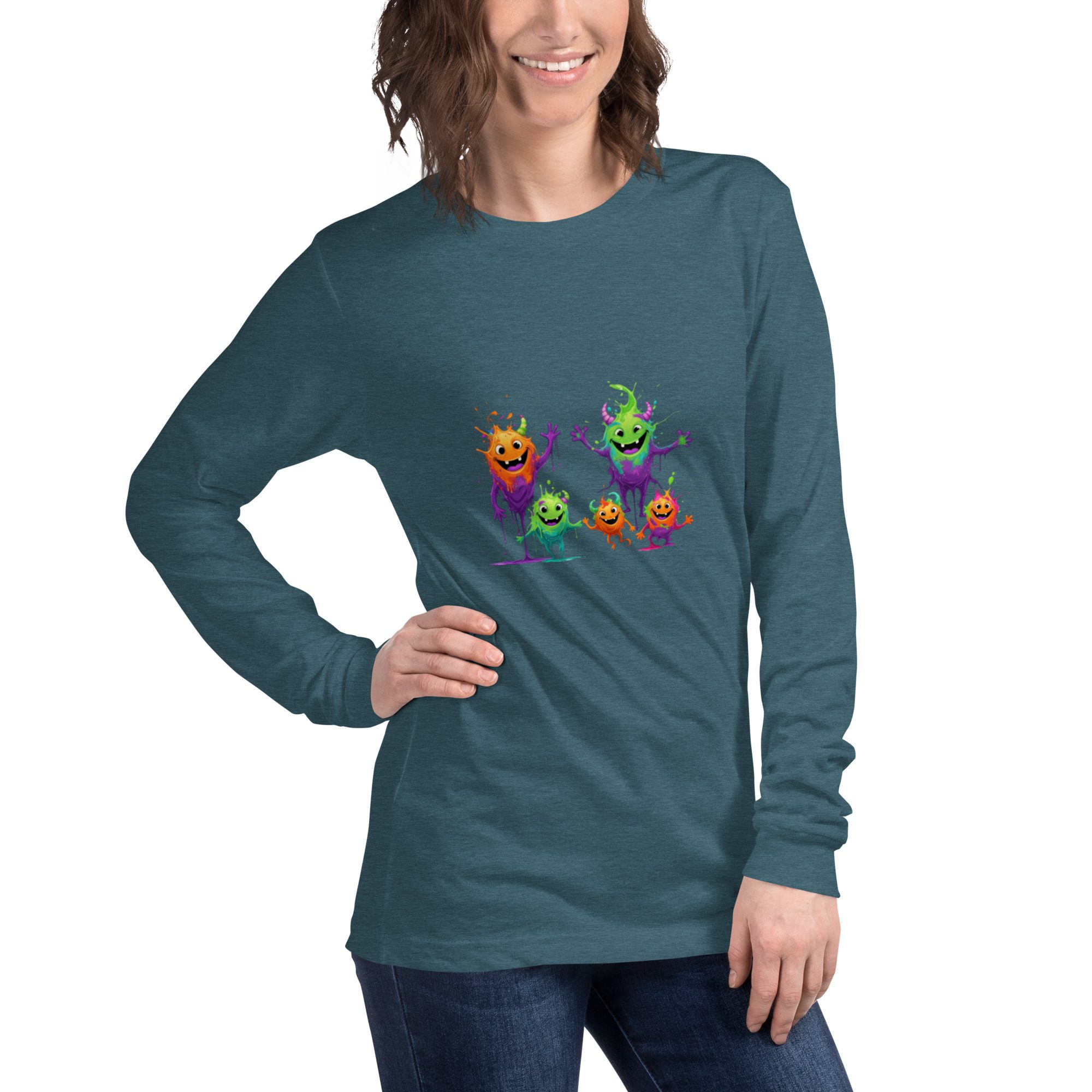 Splatty Squad Women’s Long Sleeve Shirt – Colorful Monster Crew Art - Image 11