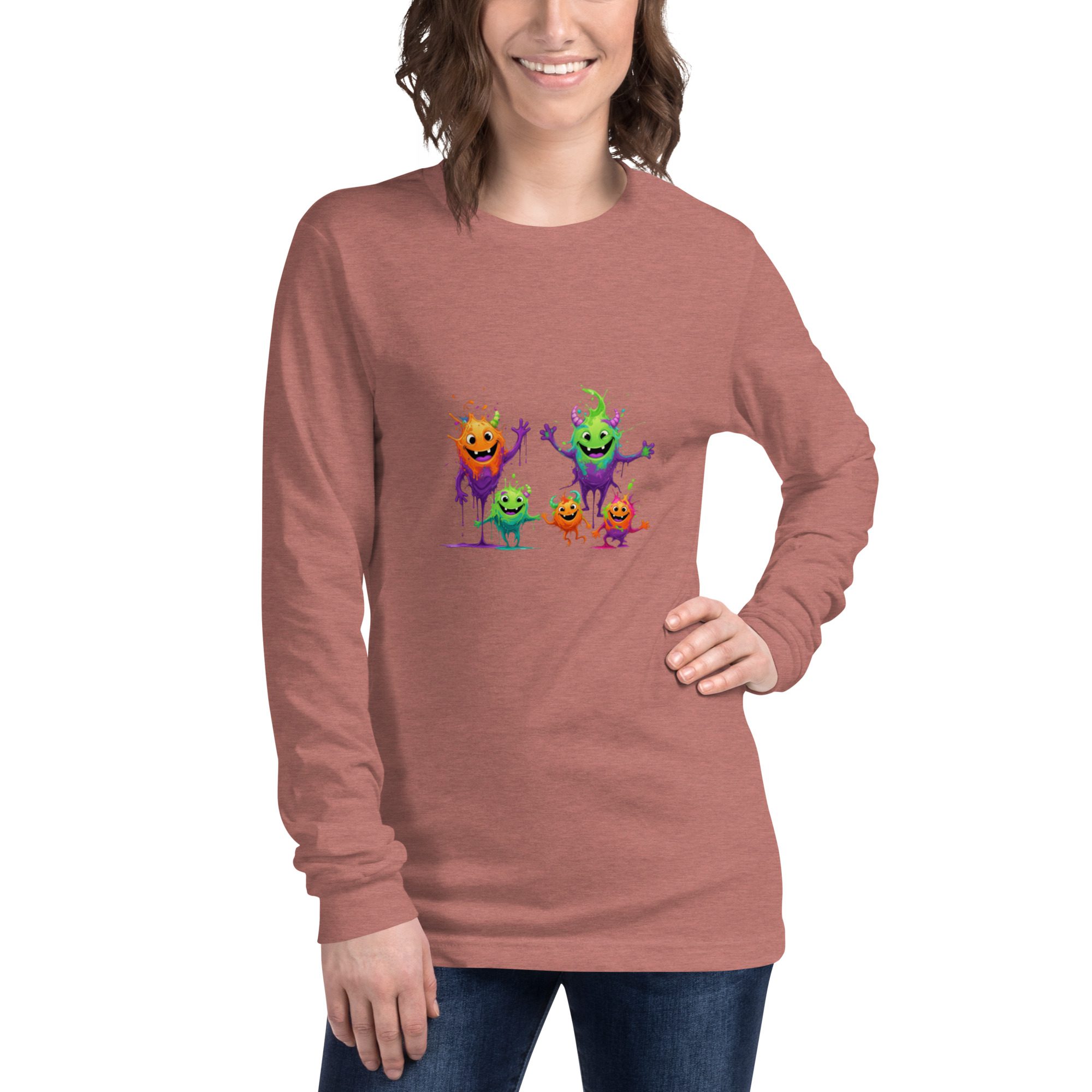 Splatty Squad Women’s Long Sleeve Shirt – Colorful Monster Crew Art - Image 7