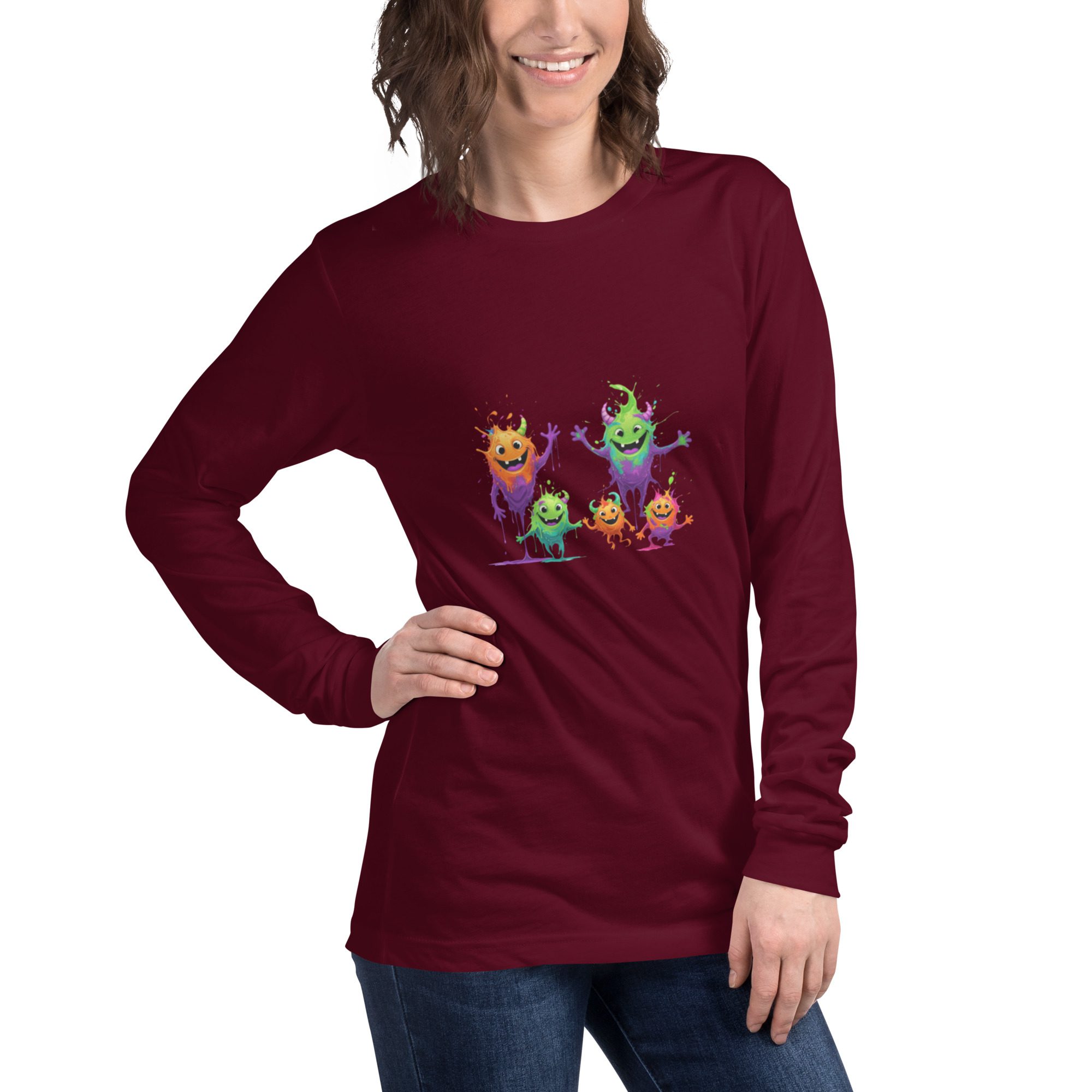 Splatty Squad Women’s Long Sleeve Shirt – Colorful Monster Crew Art - Image 15
