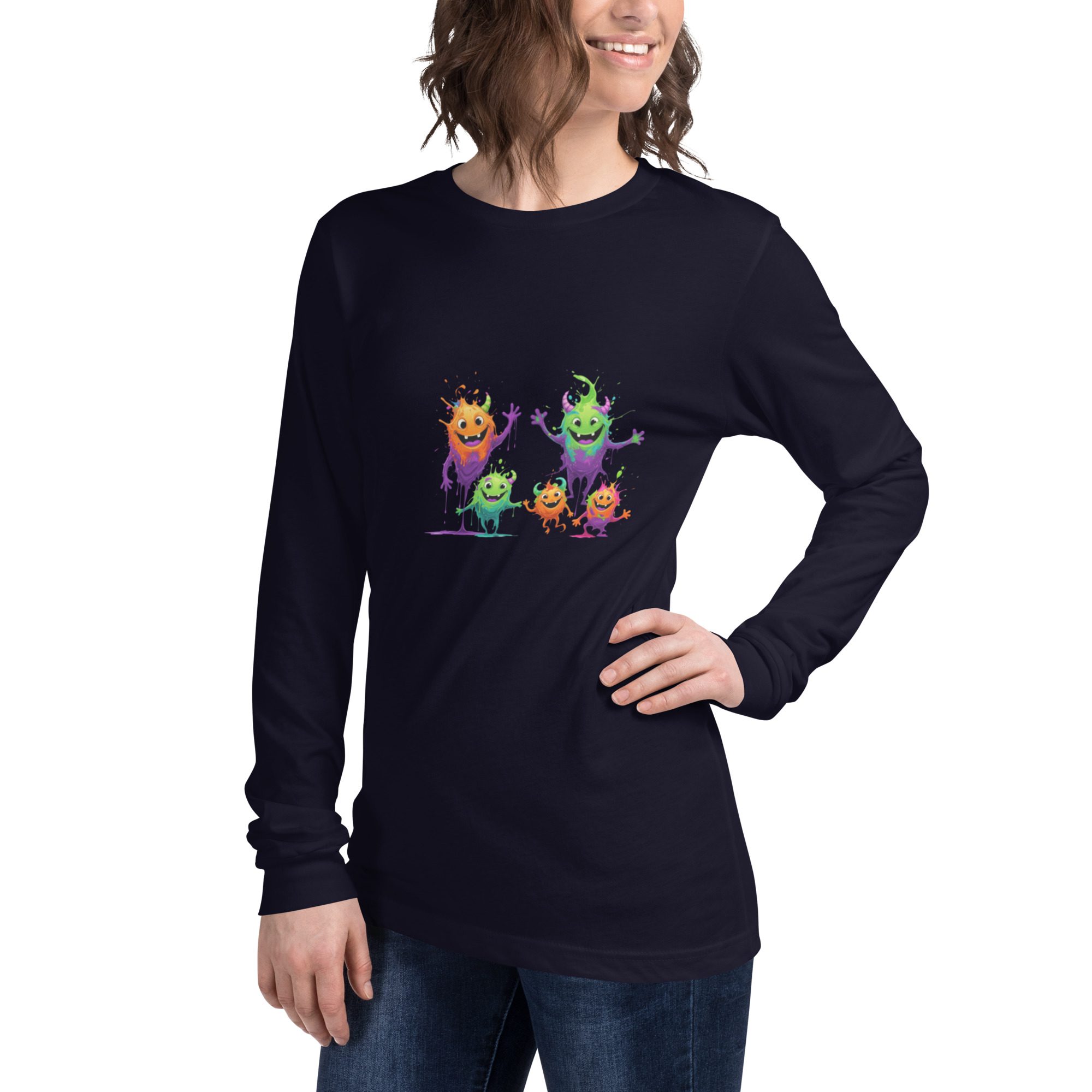 Splatty Squad Women’s Long Sleeve Shirt – Colorful Monster Crew Art - Image 17