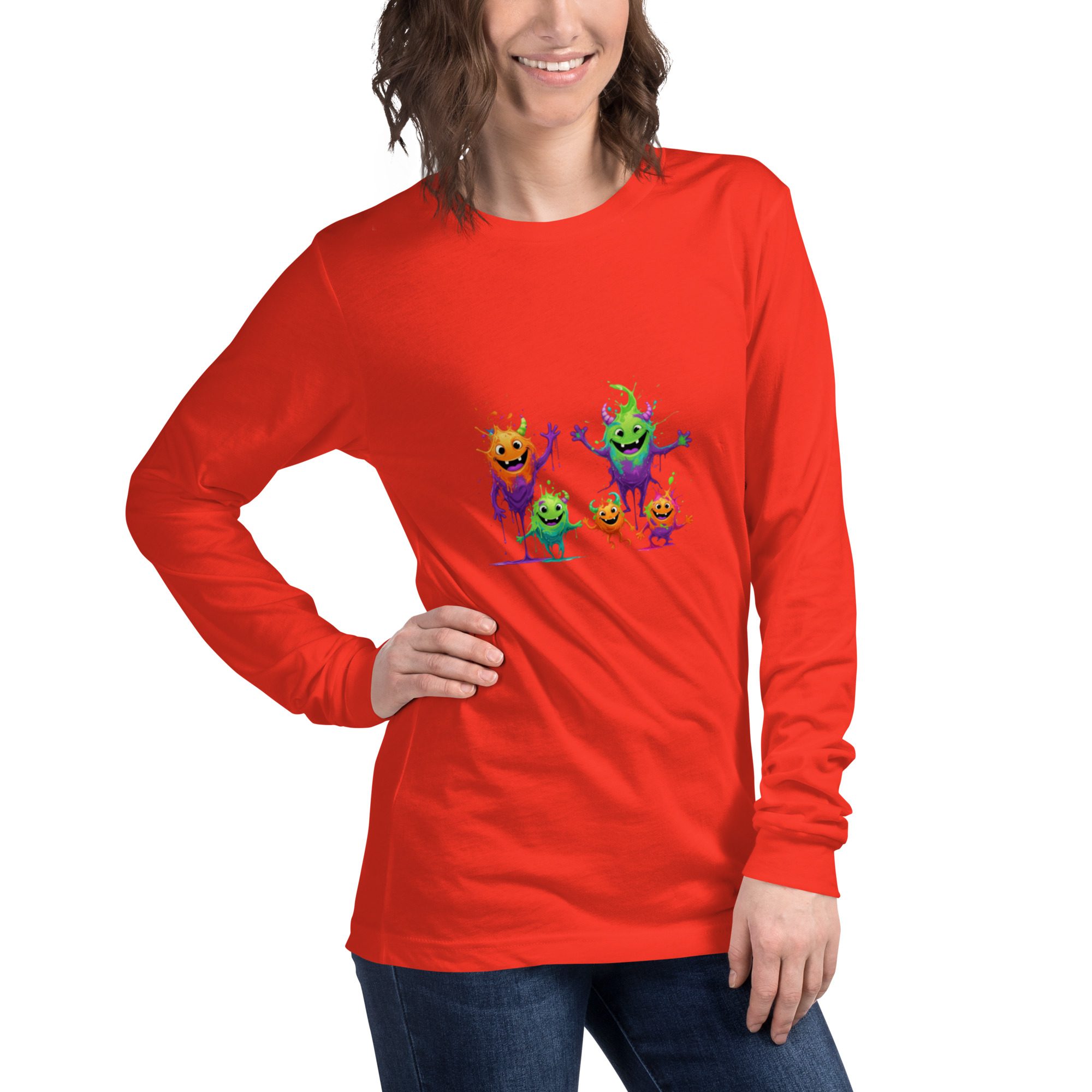 Splatty Squad Women’s Long Sleeve Shirt – Colorful Monster Crew Art - Image 5