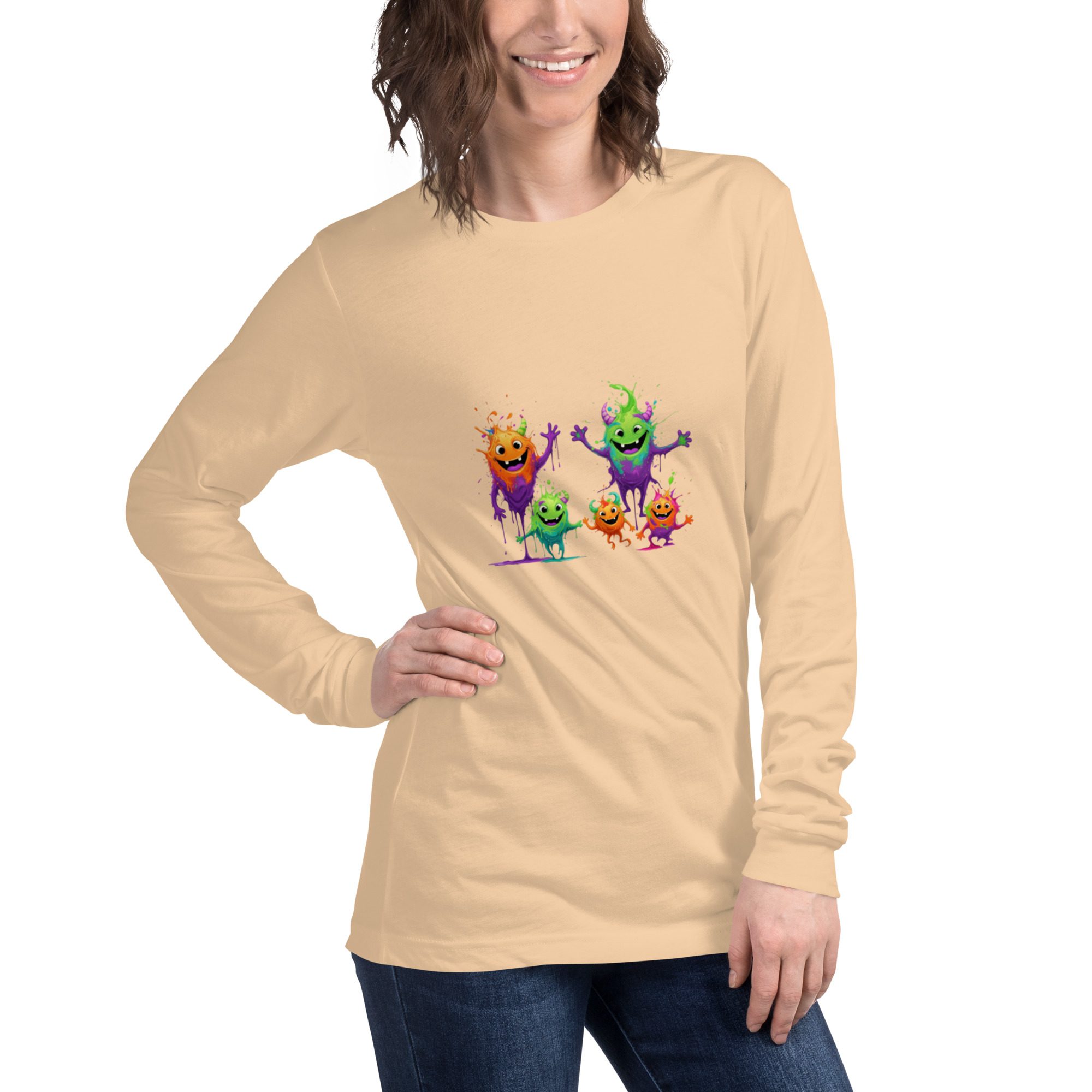 Splatty Squad Women’s Long Sleeve Shirt – Colorful Monster Crew Art - Image 3