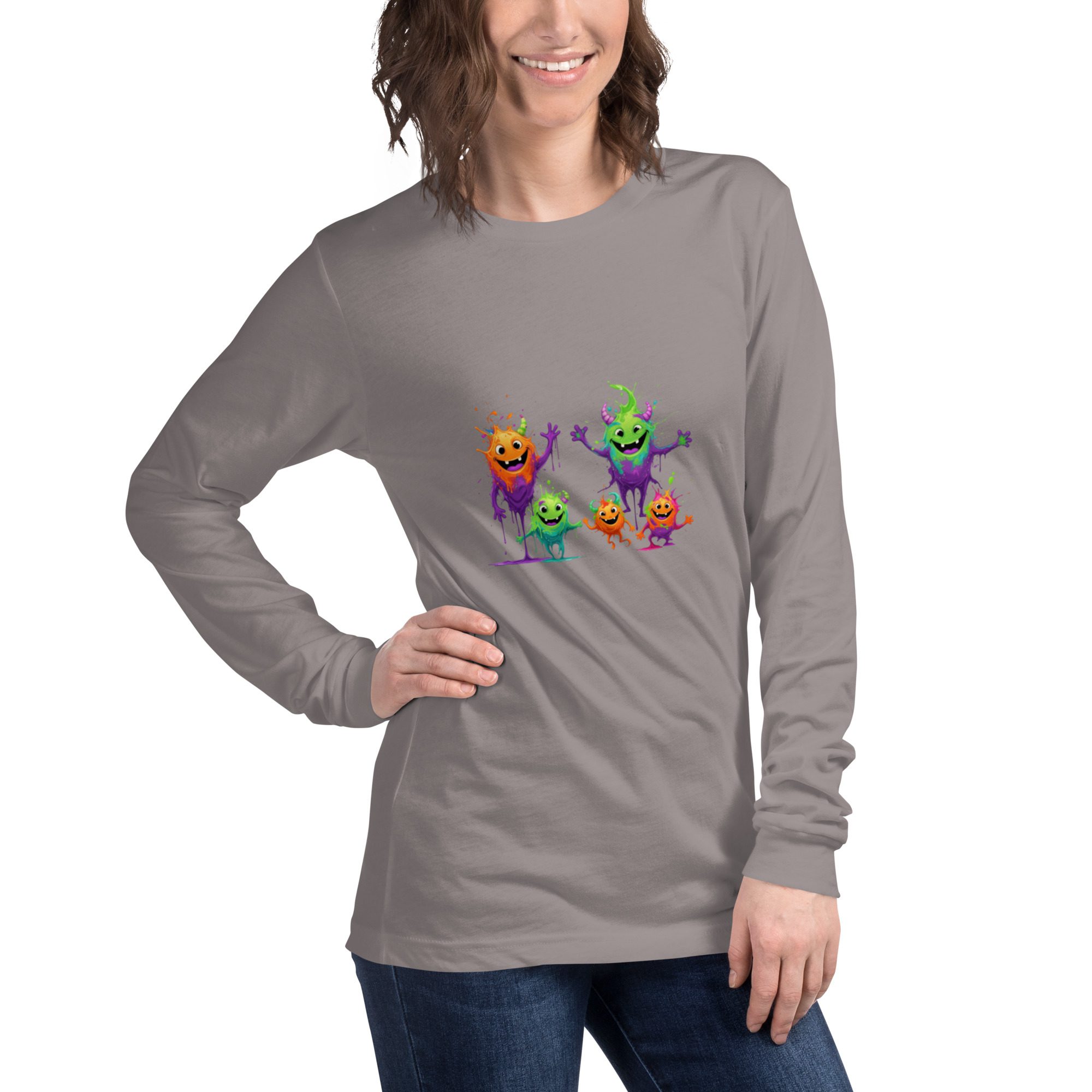 Splatty Squad Women’s Long Sleeve Shirt – Colorful Monster Crew Art - Image 9