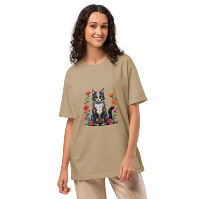 Floral Black Cat Halloween Tee | Unisex Oversized Garment-Dyed T-Shirt