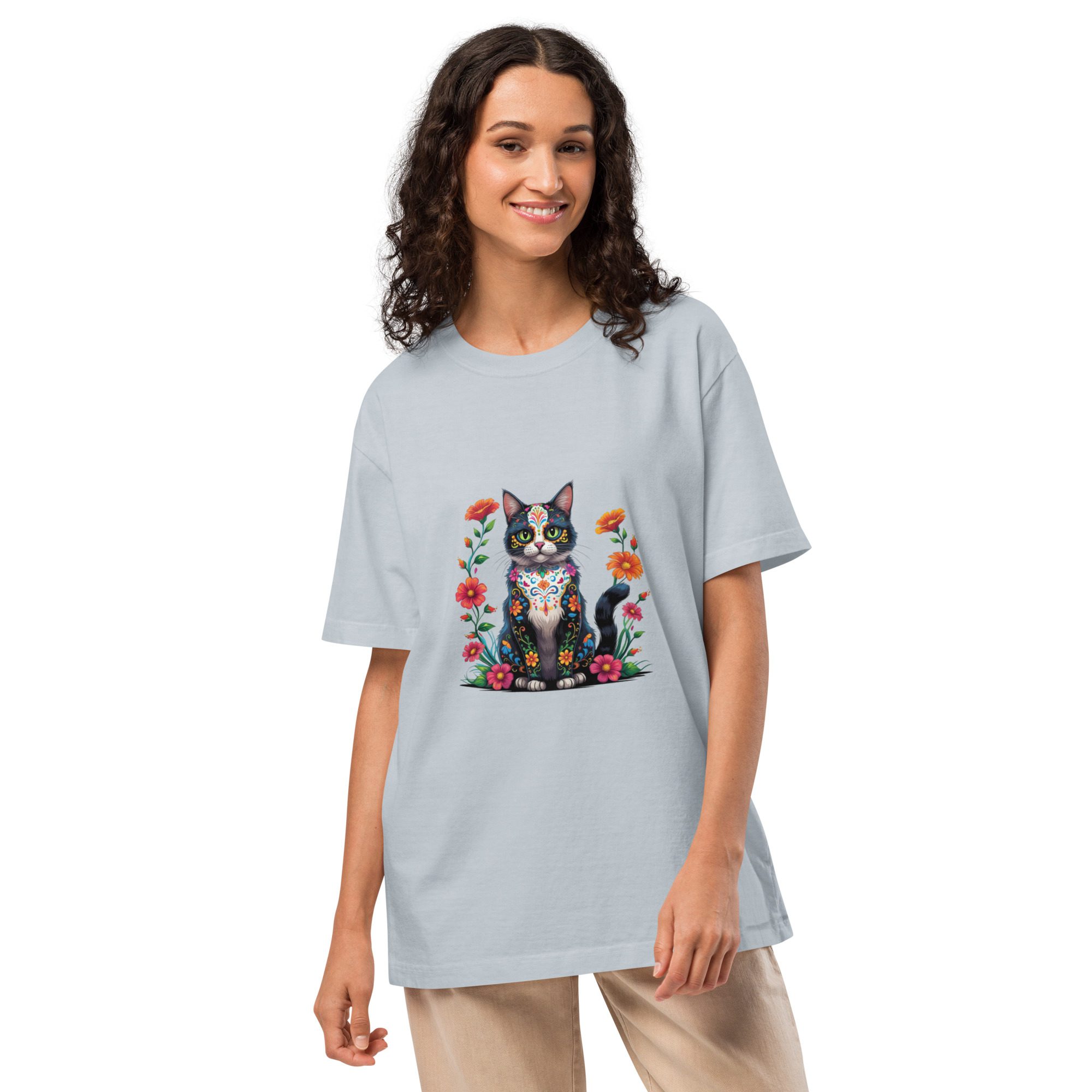 Floral Black Cat Halloween Tee | Unisex Oversized Garment-Dyed T-Shirt - Image 13