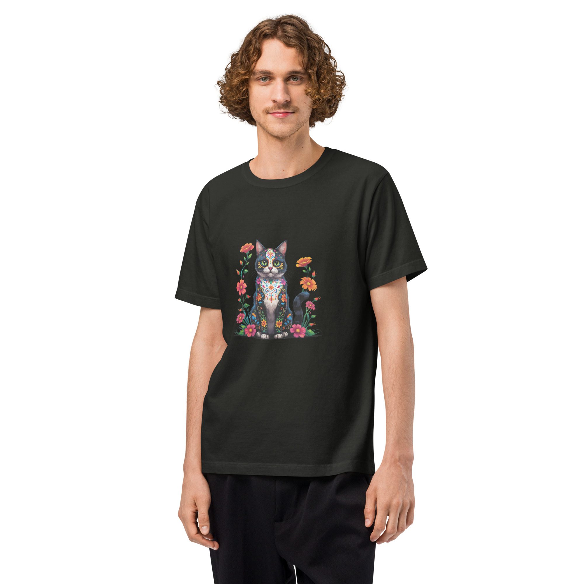 Floral Black Cat Halloween Tee | Unisex Oversized Garment-Dyed T-Shirt - Image 6