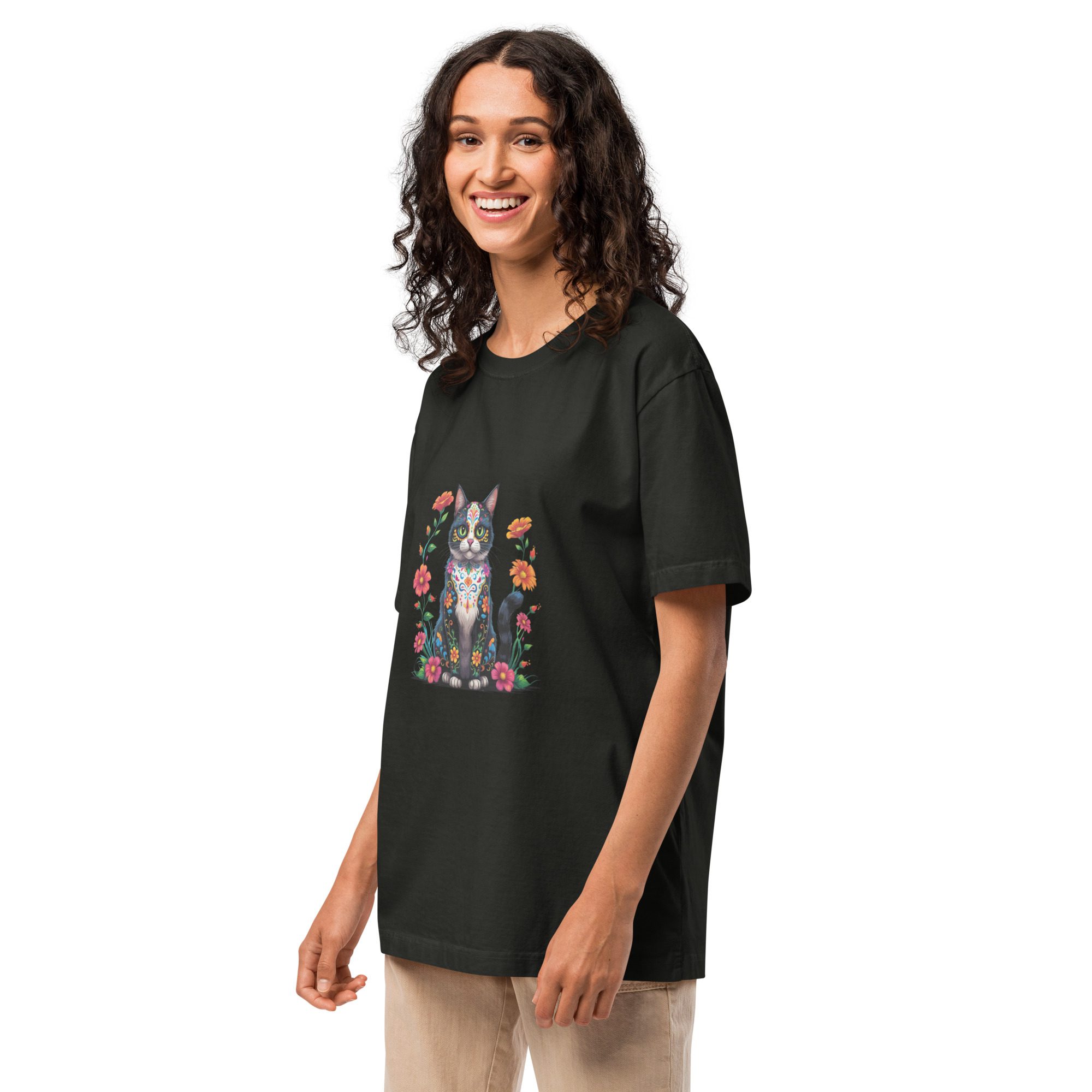 Floral Black Cat Halloween Tee | Unisex Oversized Garment-Dyed T-Shirt - Image 8