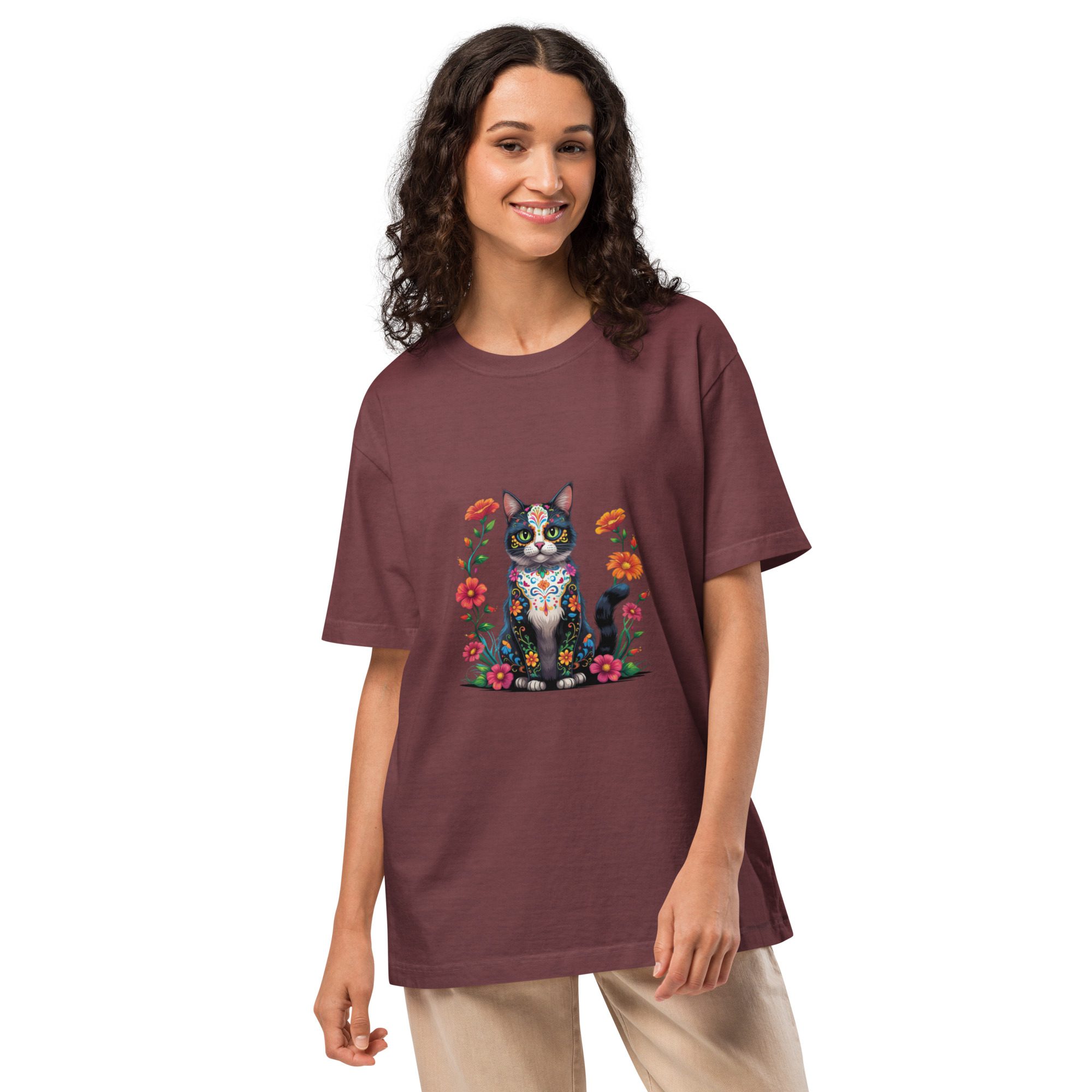 Floral Black Cat Halloween Tee | Unisex Oversized Garment-Dyed T-Shirt - Image 10