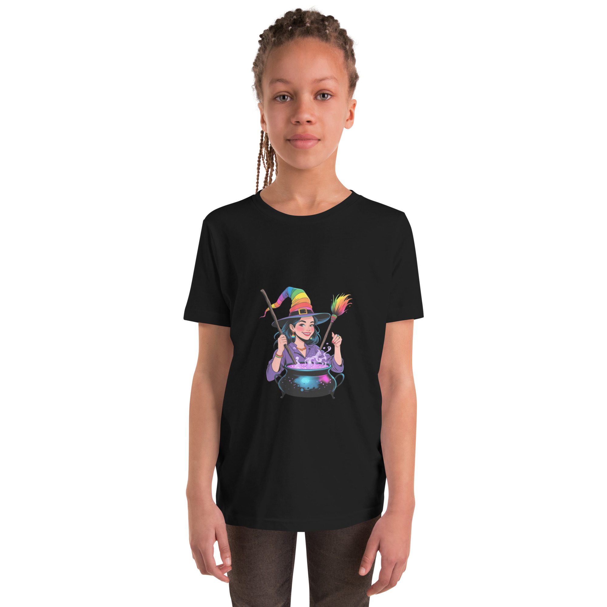 Youth Rainbow Witch Cauldron Tee | Colorful Halloween & Pride Kids’ Shirt - unisex - Image 4