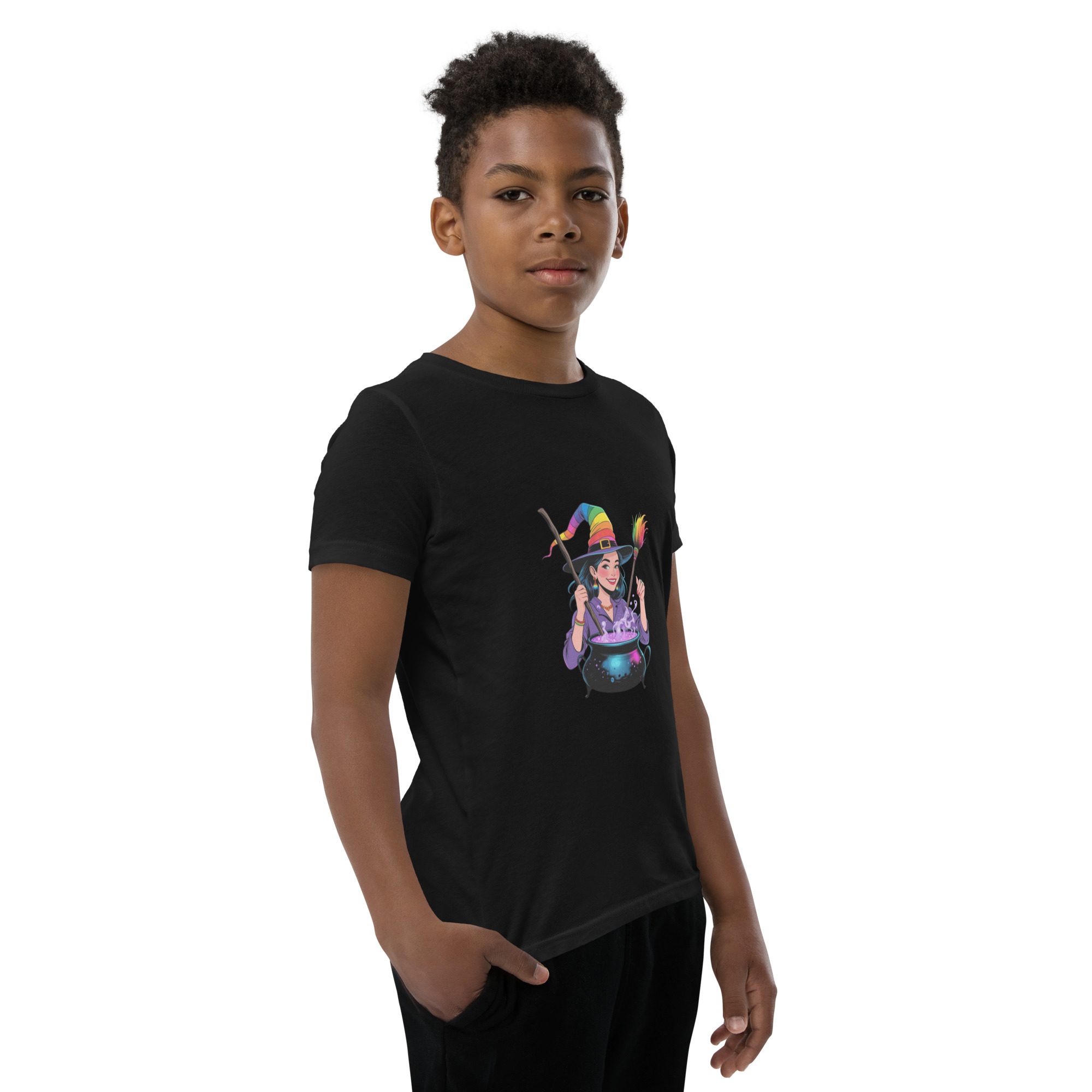 Youth Rainbow Witch Cauldron Tee | Colorful Halloween & Pride Kids’ Shirt - unisex - Image 5