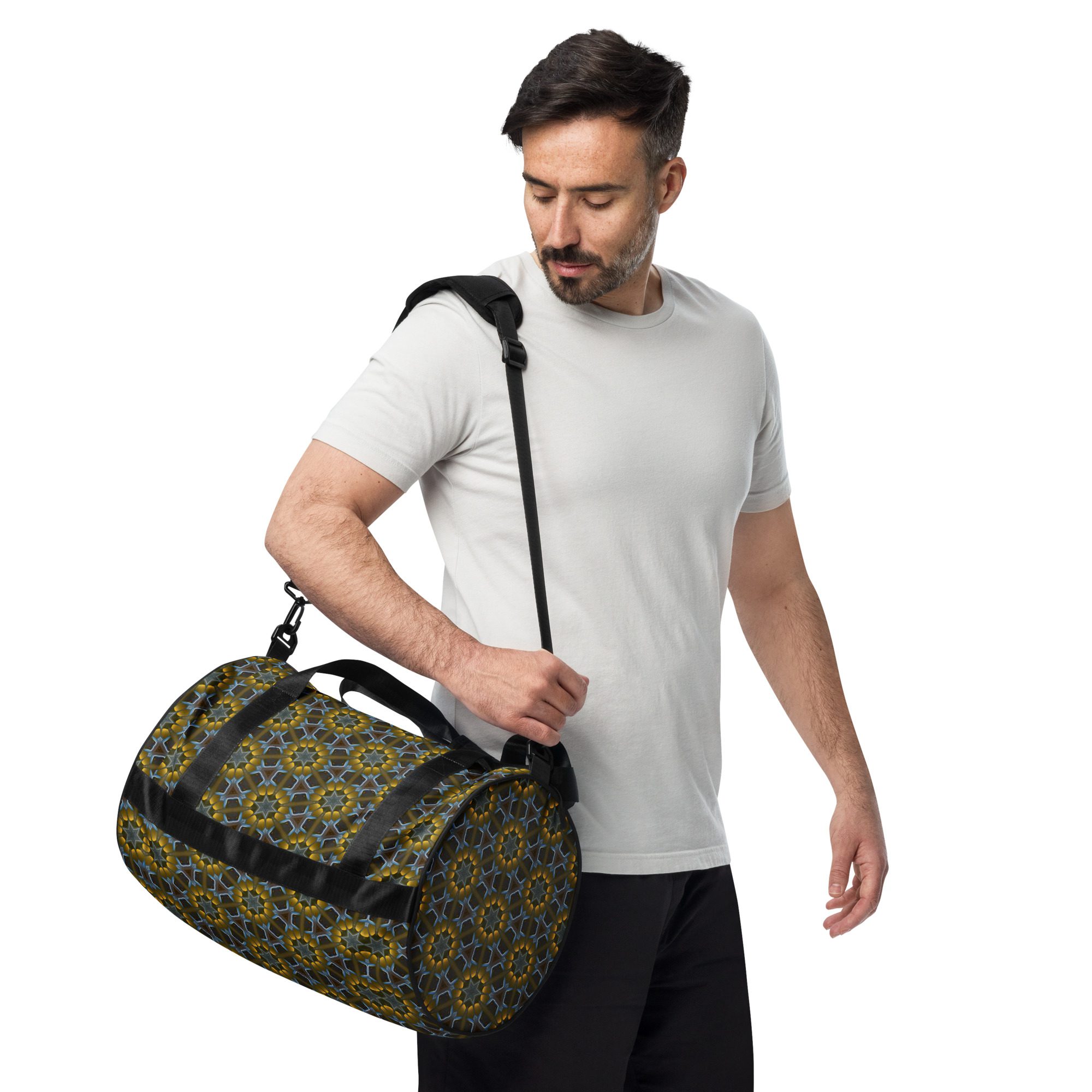 Golden Lattice Glow – All-Over Print Gym Bag