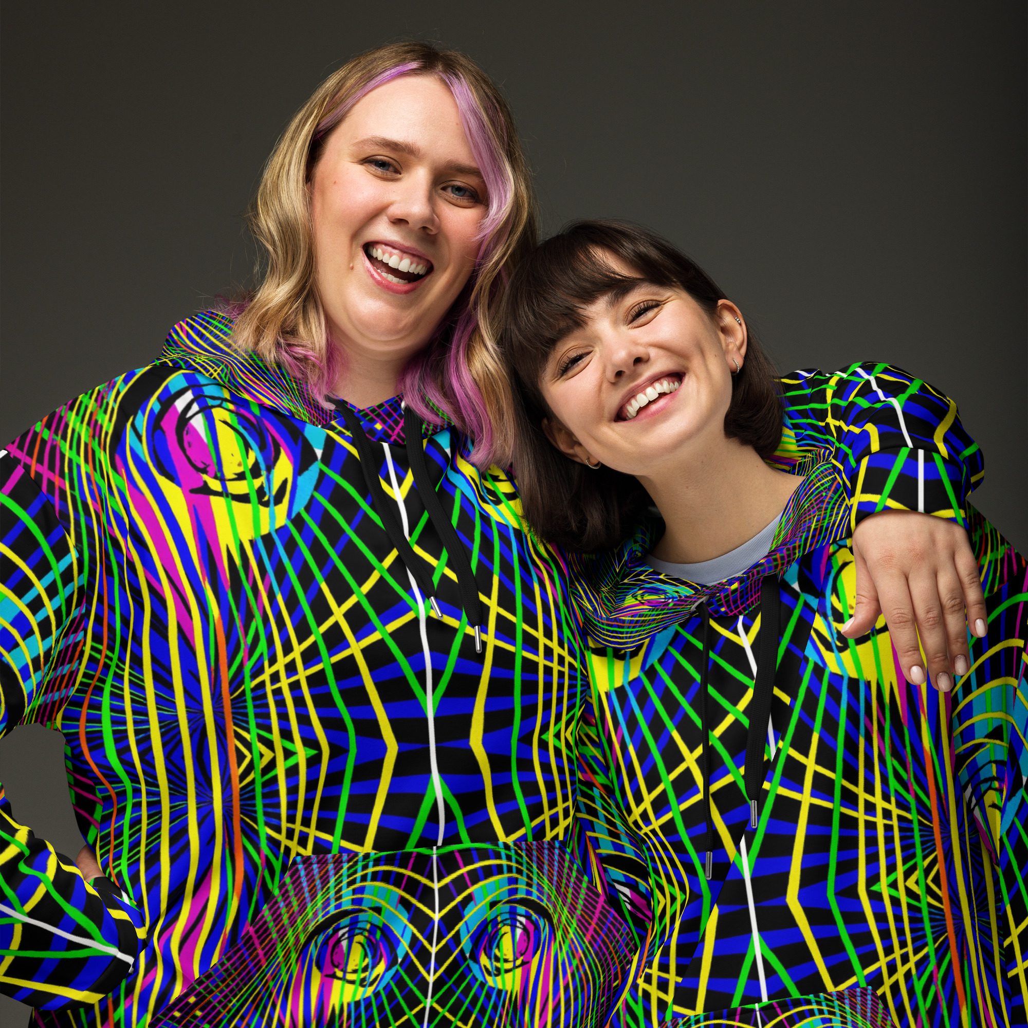 Neon Frequency Grid — Unisex All-Over Print Hoodie - Image 2