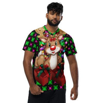 Ugly Christmas/Jumper “Rudolph Jewel Pop” Recycled Unisex Sports Jersey – Holiday Reindeer Recycled unisex sports jersey