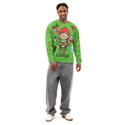 Elf Chaos Christmas Unisex Cotton Sweatshirt – Bright Green Holiday Graphic