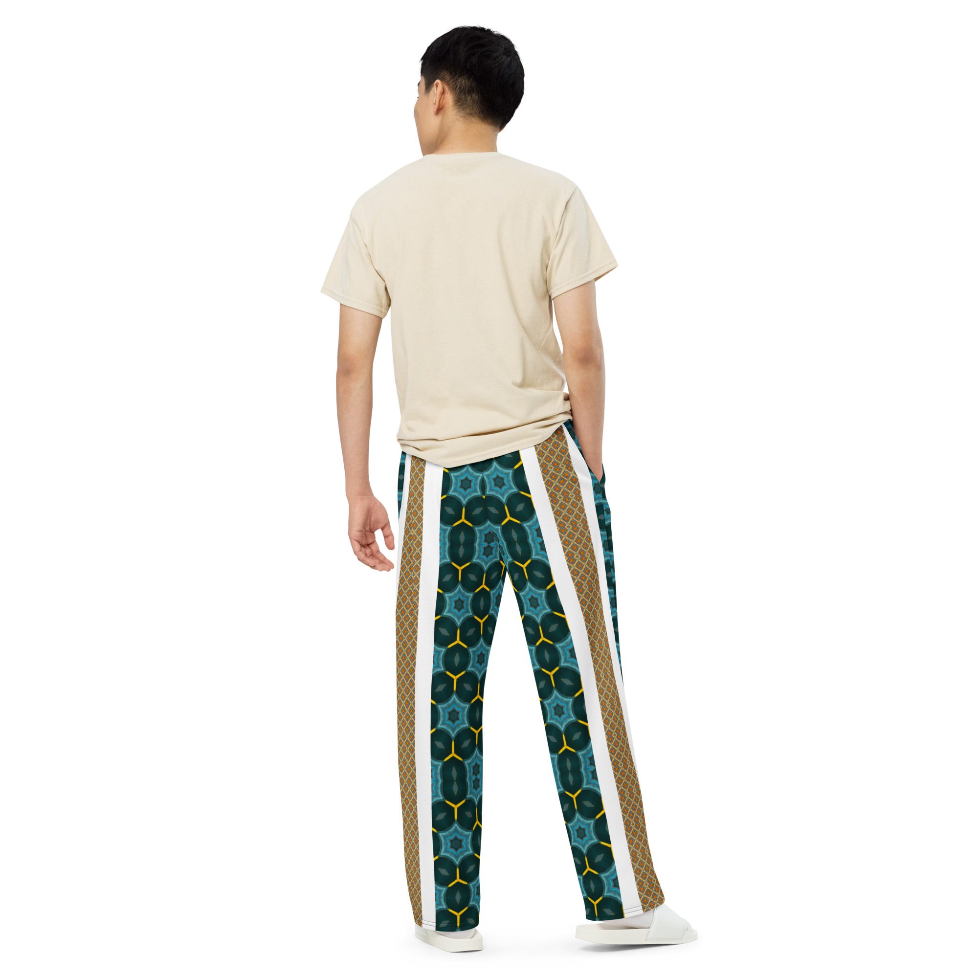 Auric Teal Matrix – Artistic All-Over Print by Jaysen Mansfield All-over print unisex wide-leg pants - Image 3