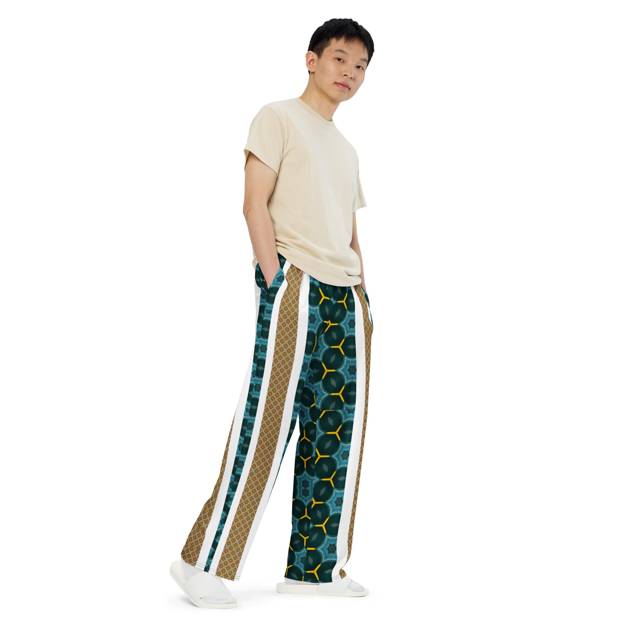 Auric Teal Matrix – Artistic All-Over Print by Jaysen Mansfield All-over print unisex wide-leg pants