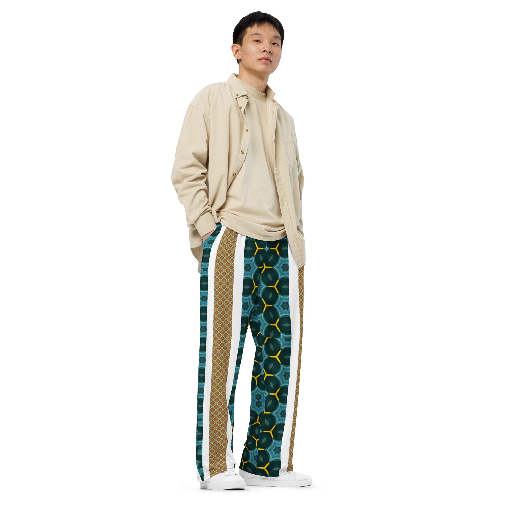 Auric Teal Matrix – Artistic All-Over Print by Jaysen Mansfield All-over print unisex wide-leg pants - Image 2