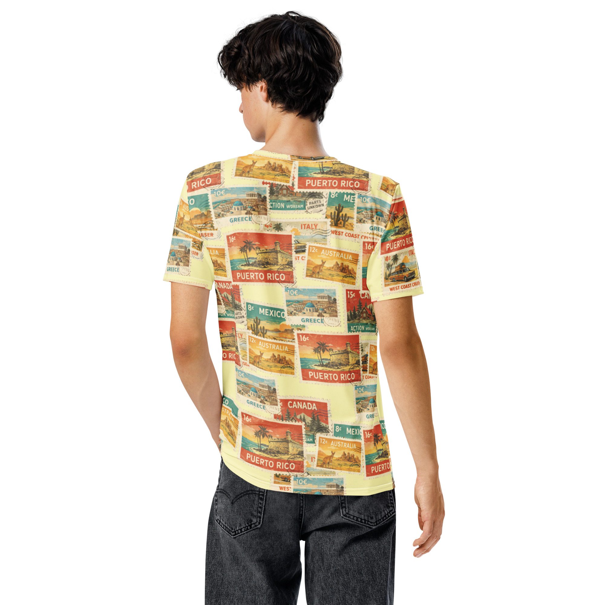 Vintage Postcard Stamp Collage All-Over Print T-Shirt - Image 4