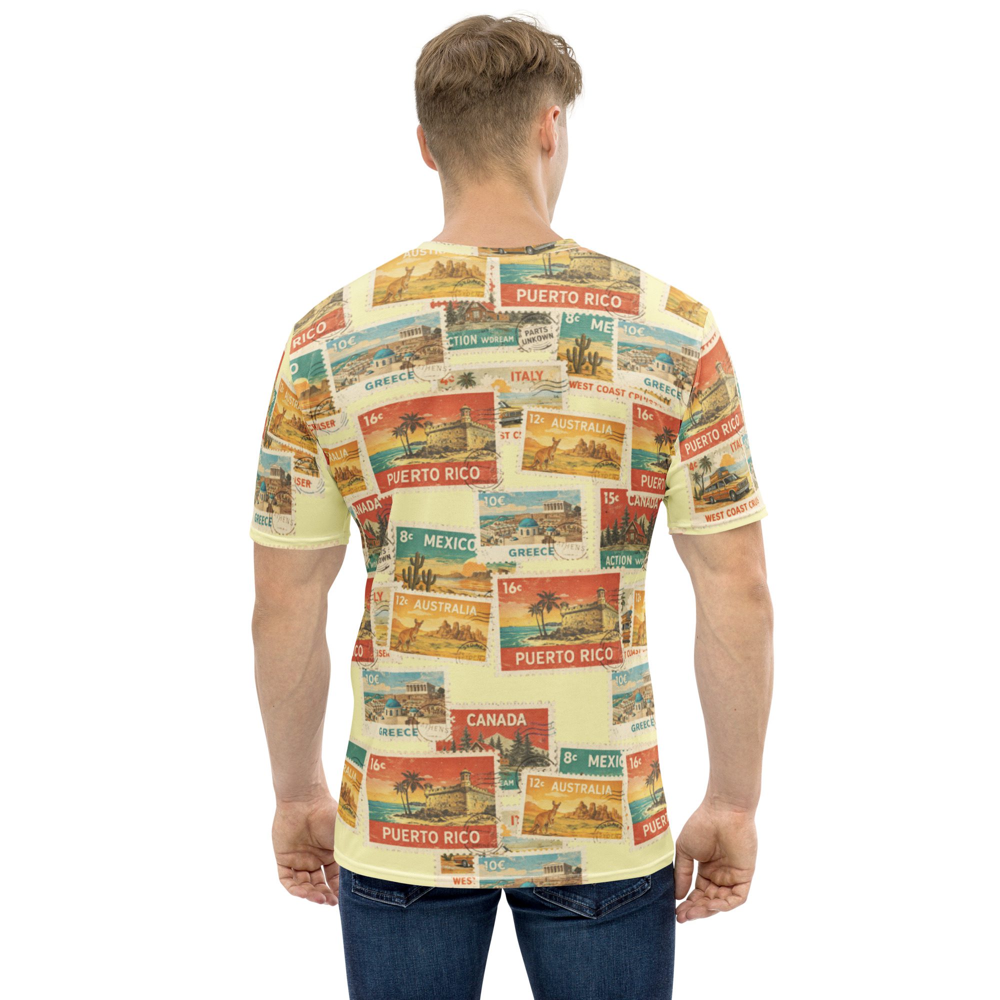 Vintage Postcard Stamp Collage All-Over Print T-Shirt - Image 8