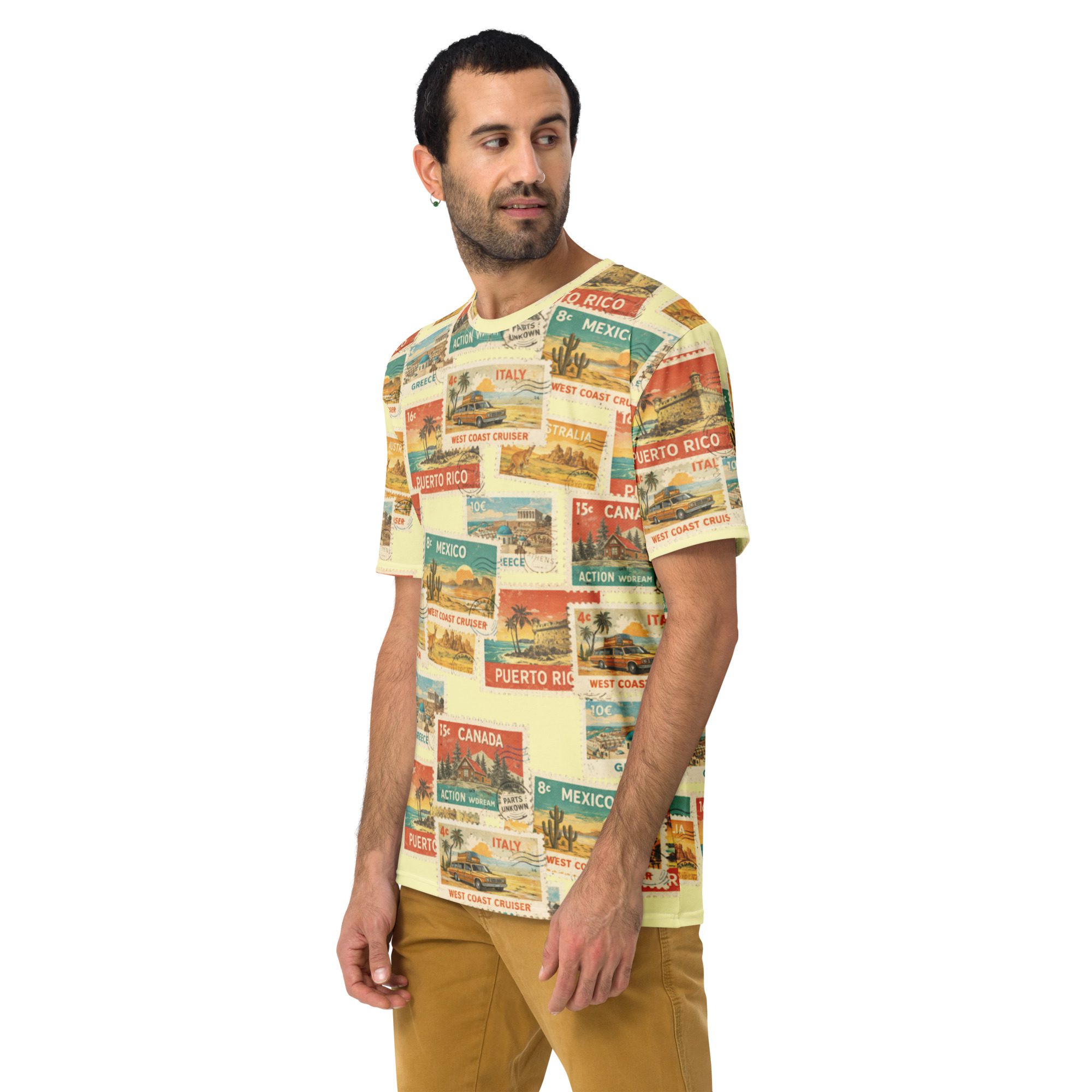 Vintage Postcard Stamp Collage All-Over Print T-Shirt - Image 9