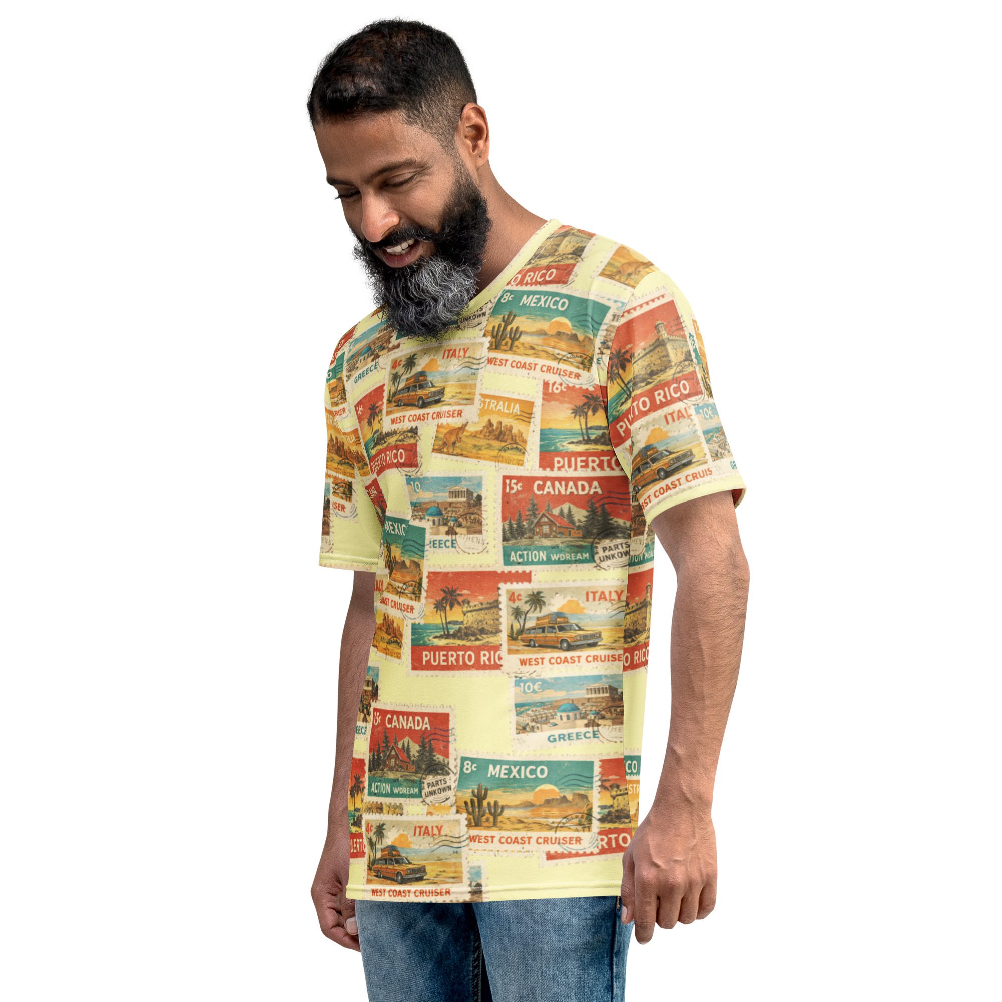 Vintage Postcard Stamp Collage All-Over Print T-Shirt - Image 11