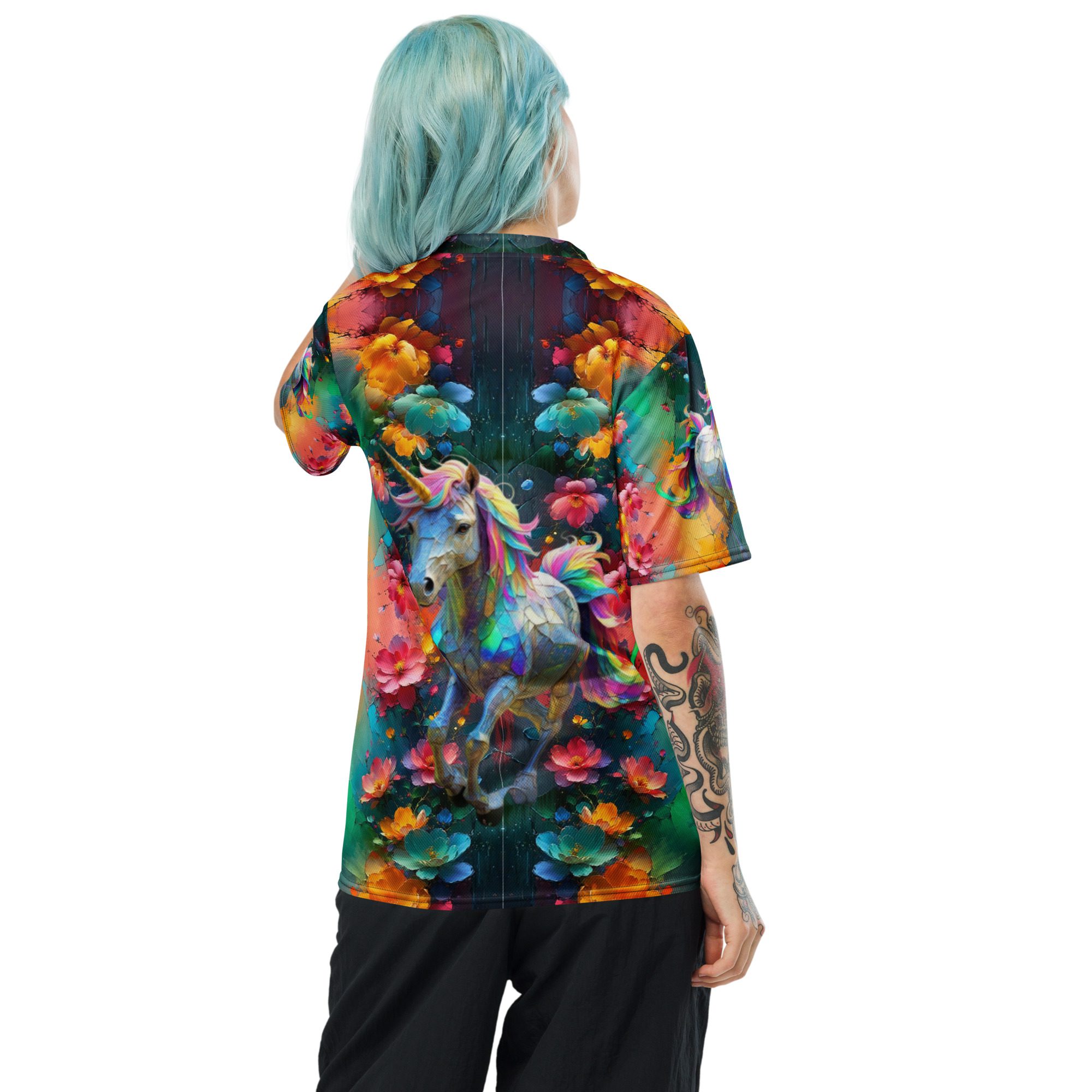 Wildheart’s Starlit Petals of the Vivid Unicorn Realm – Recycled Unisex Sports Jersey - Image 4