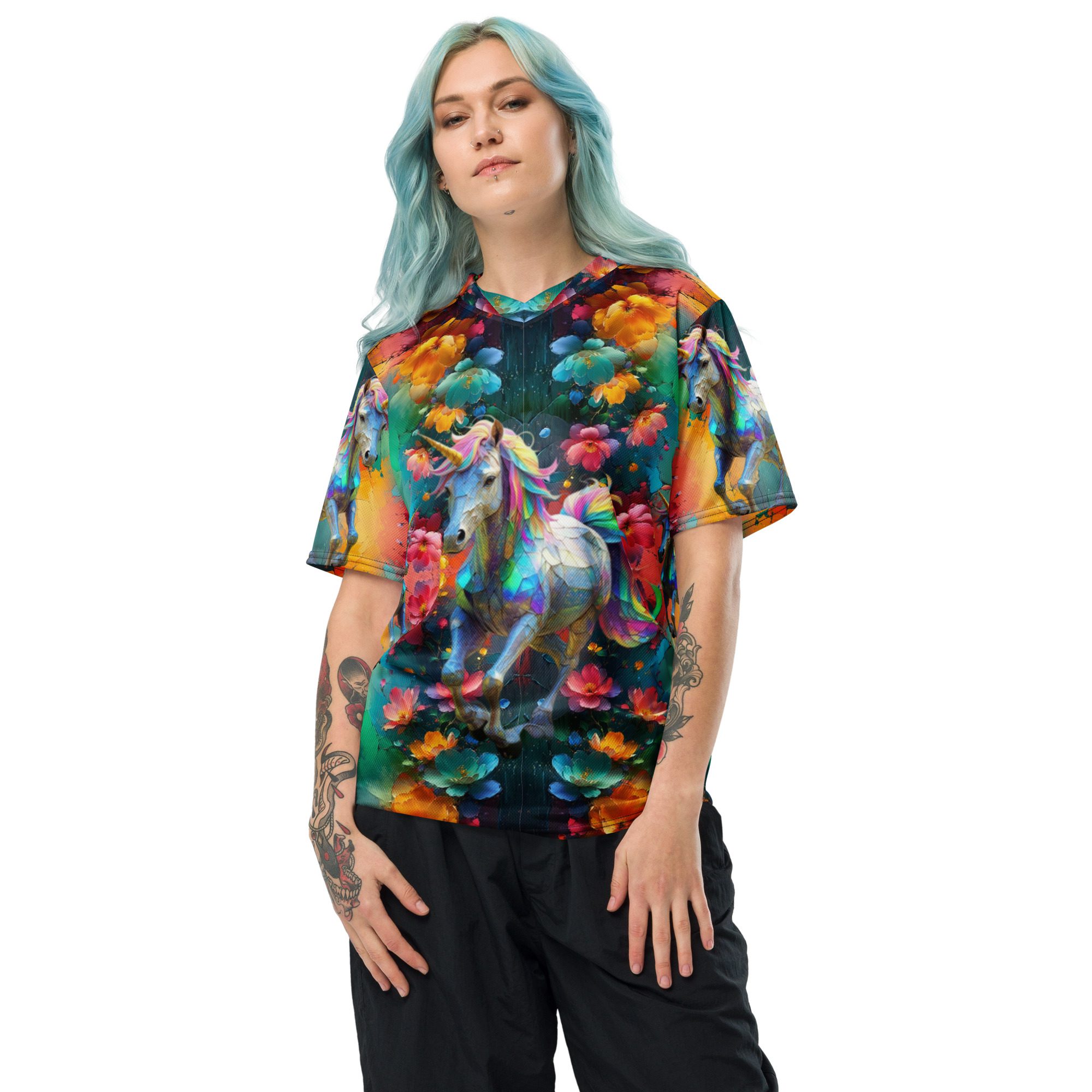 Wildheart’s Starlit Petals of the Vivid Unicorn Realm – Recycled Unisex Sports Jersey - Image 3