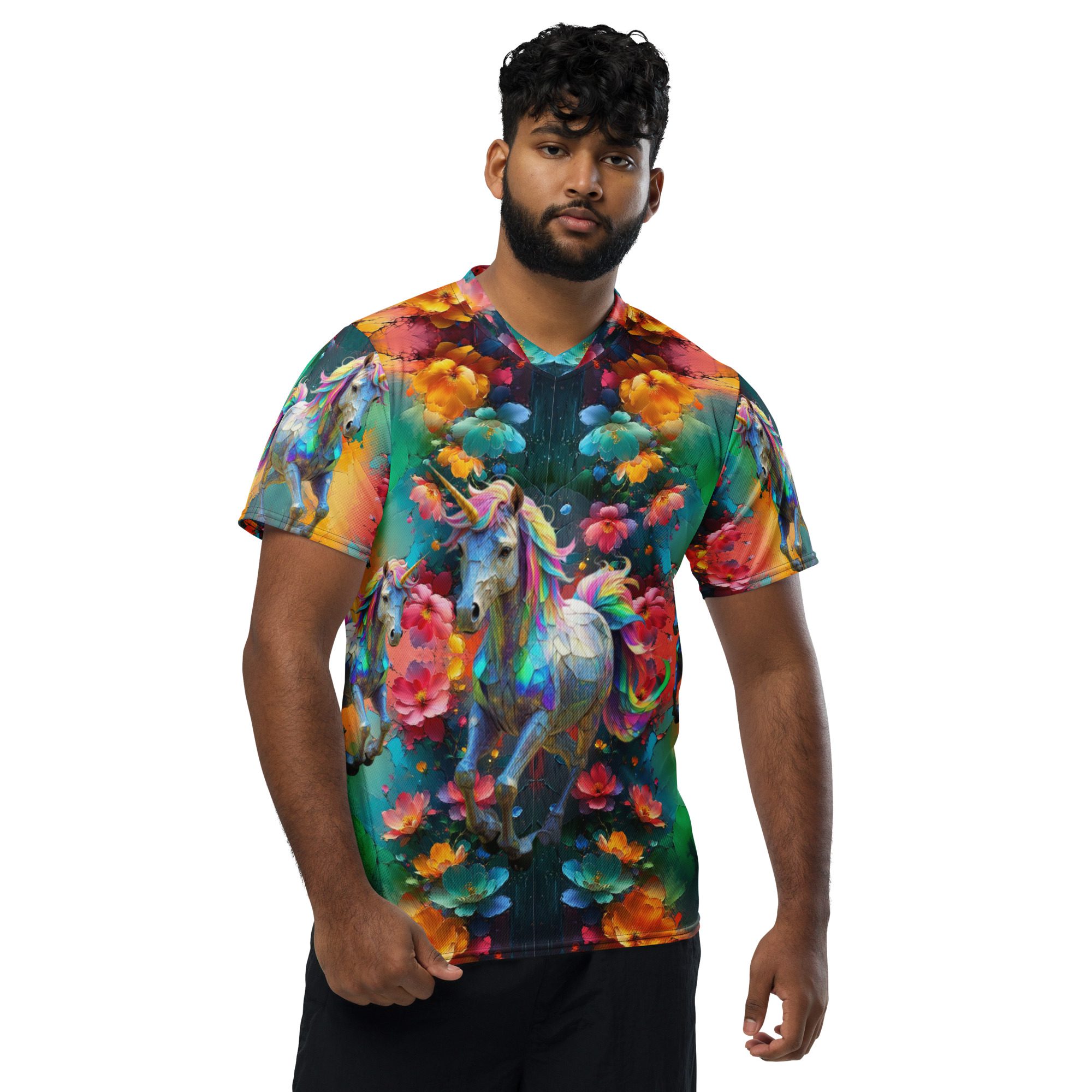 Wildheart’s Starlit Petals of the Vivid Unicorn Realm – Recycled Unisex Sports Jersey - Image 7